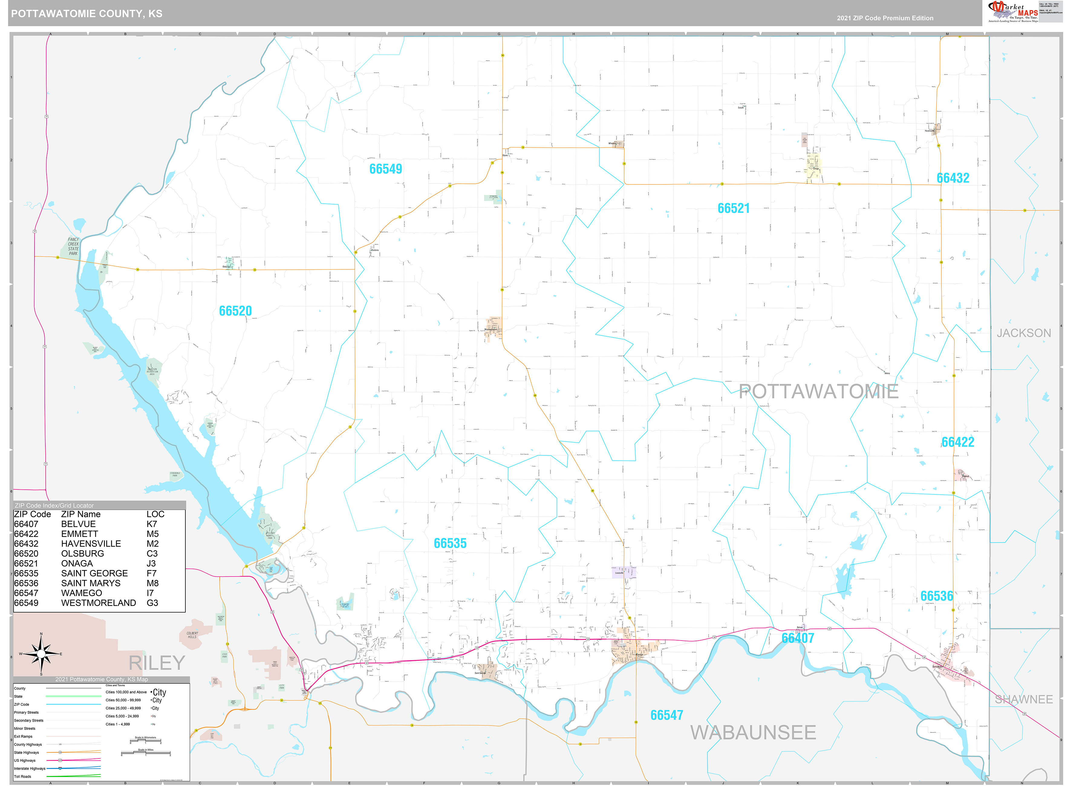 Pottawatomie County, KS Wall Map Premium Style by MarketMAPS