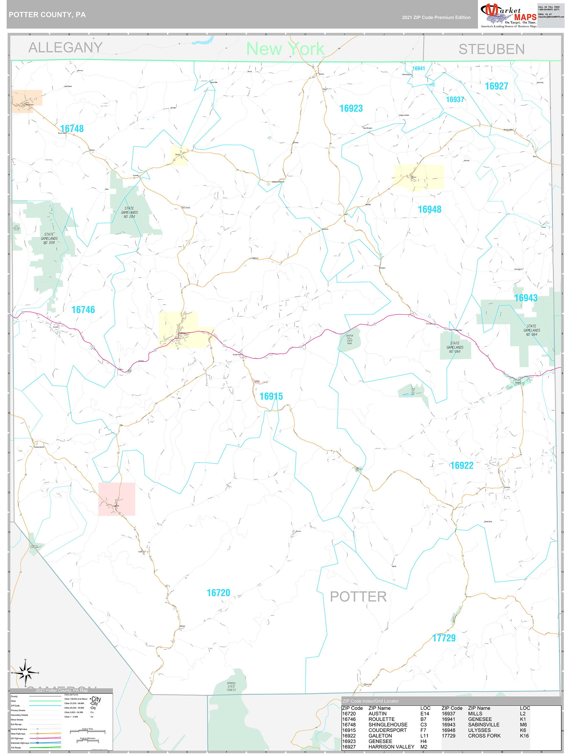 Potter County, PA Wall Map Premium Style by MarketMAPS