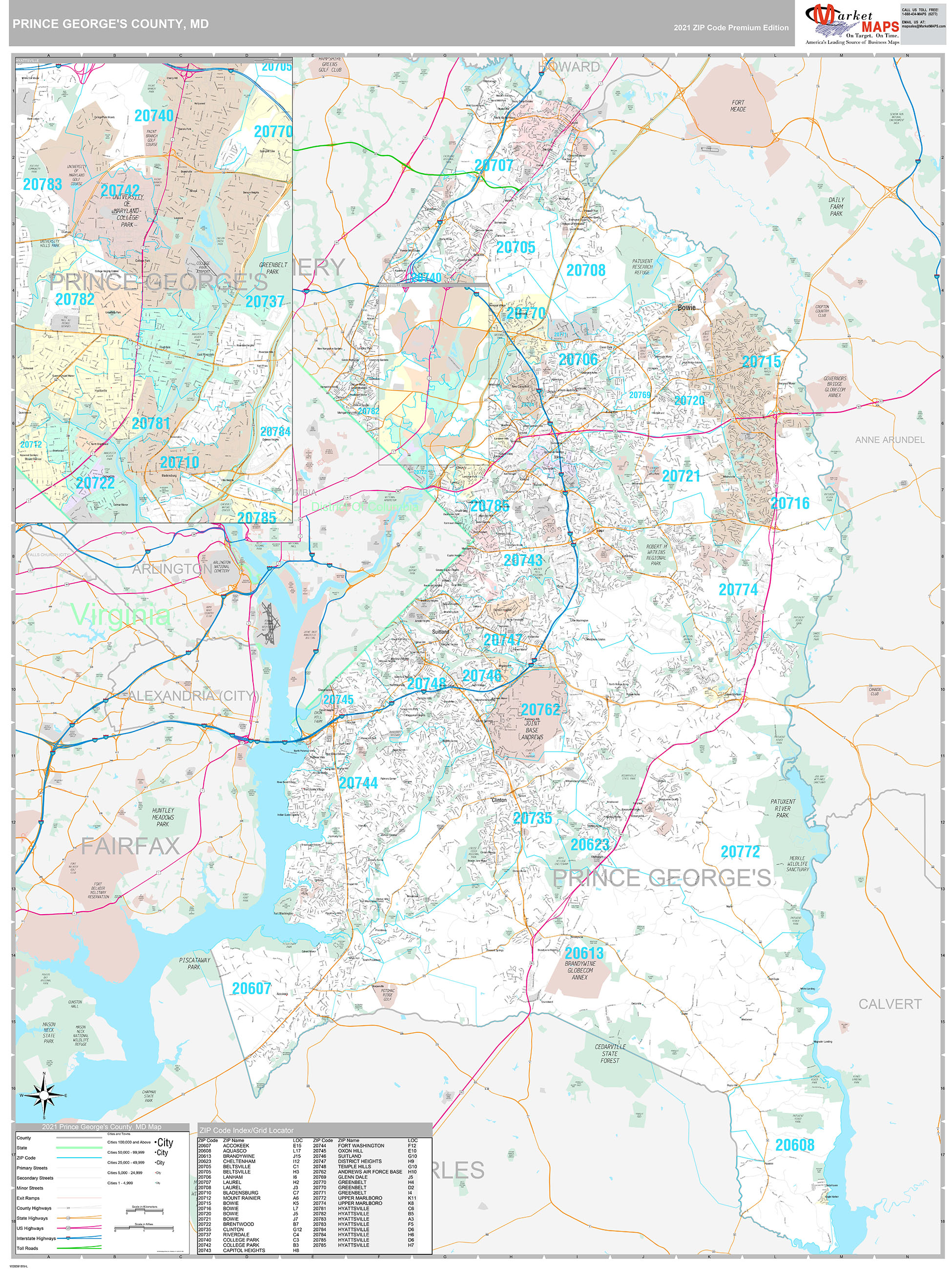 Prince George's County, MD Wall Map Premium Style by MarketMAPS