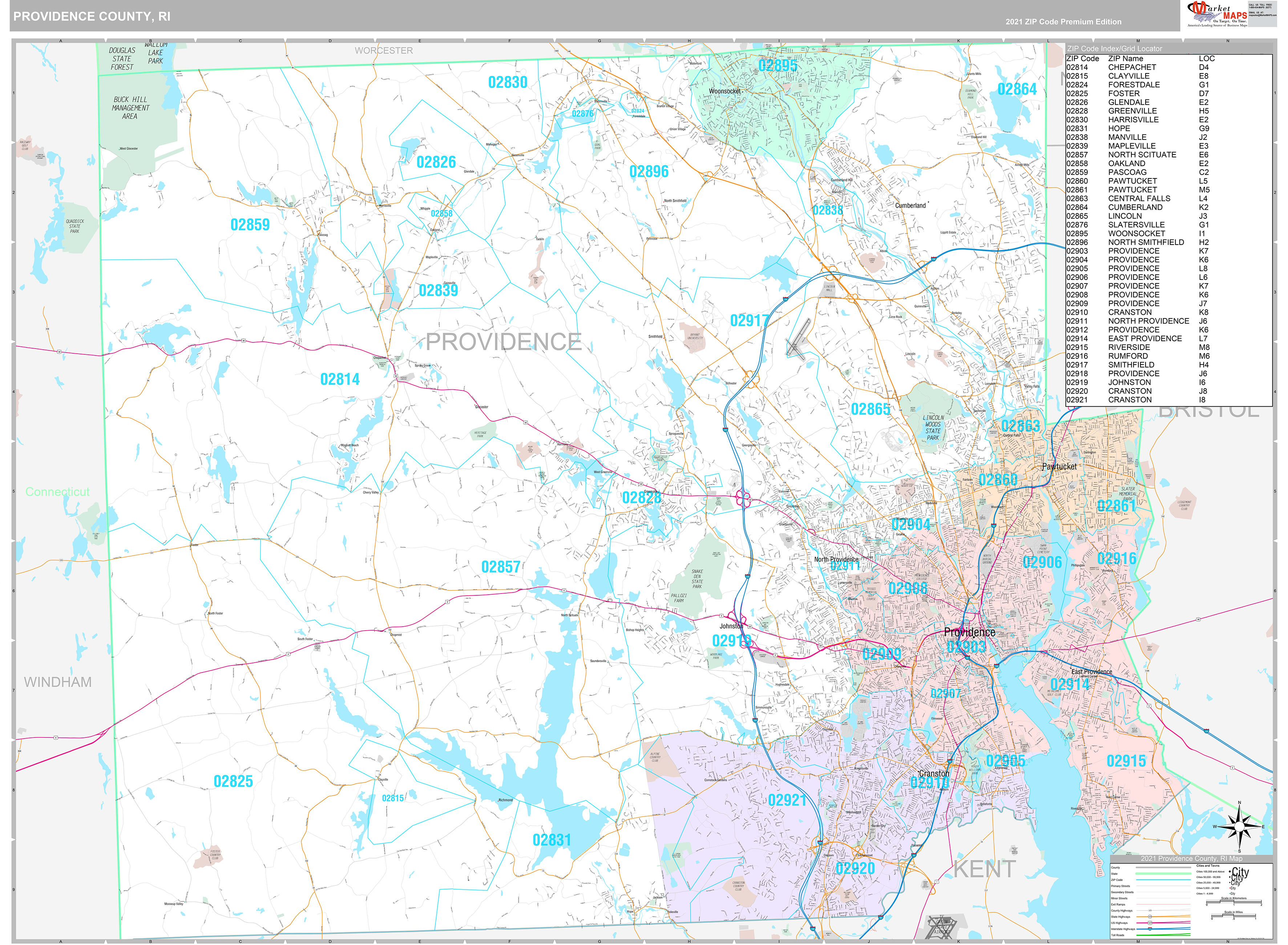 Providence County, RI Wall Map Premium Style by MarketMAPS