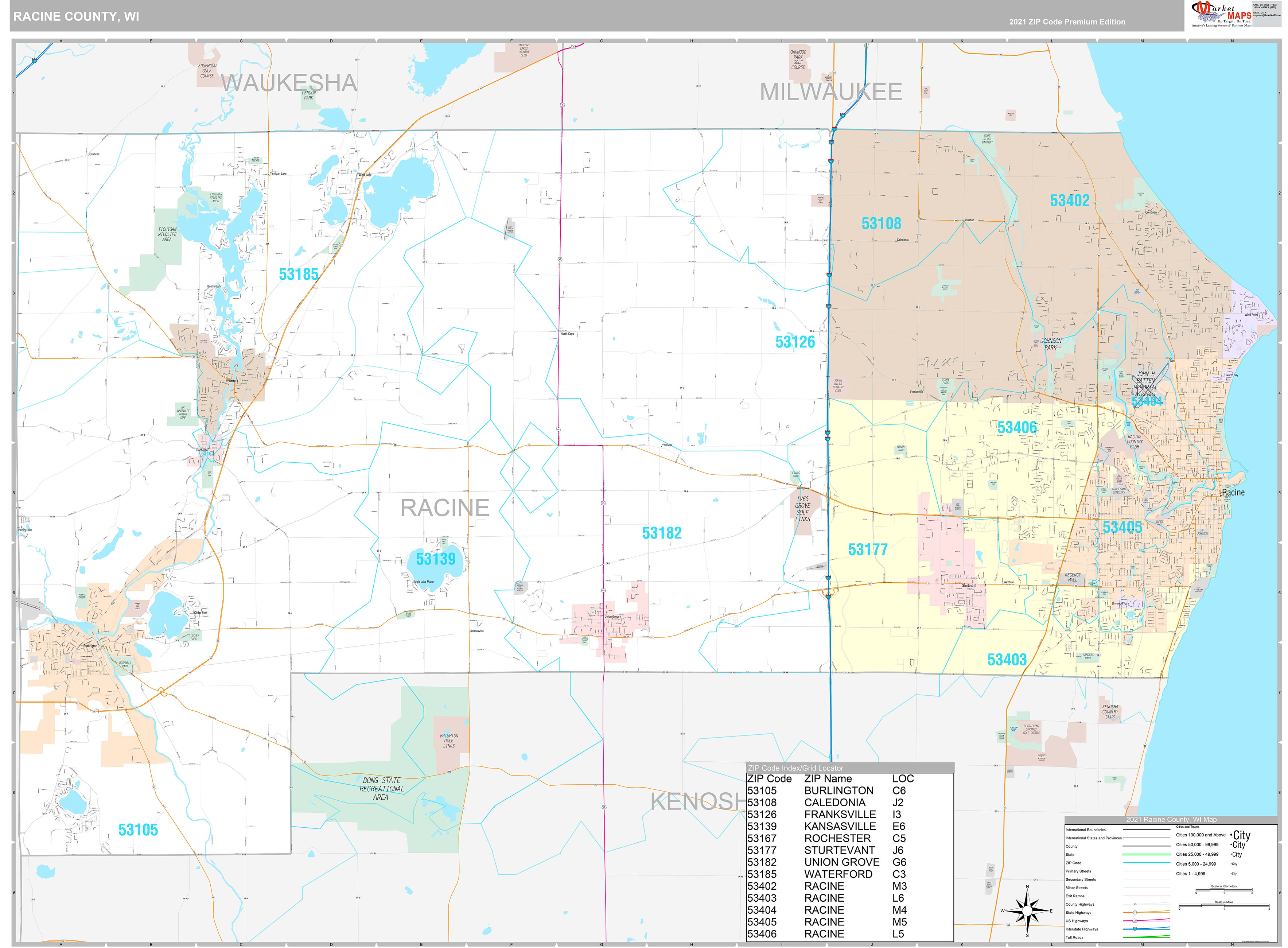 Racine County, WI Wall Map Premium Style by MarketMAPS