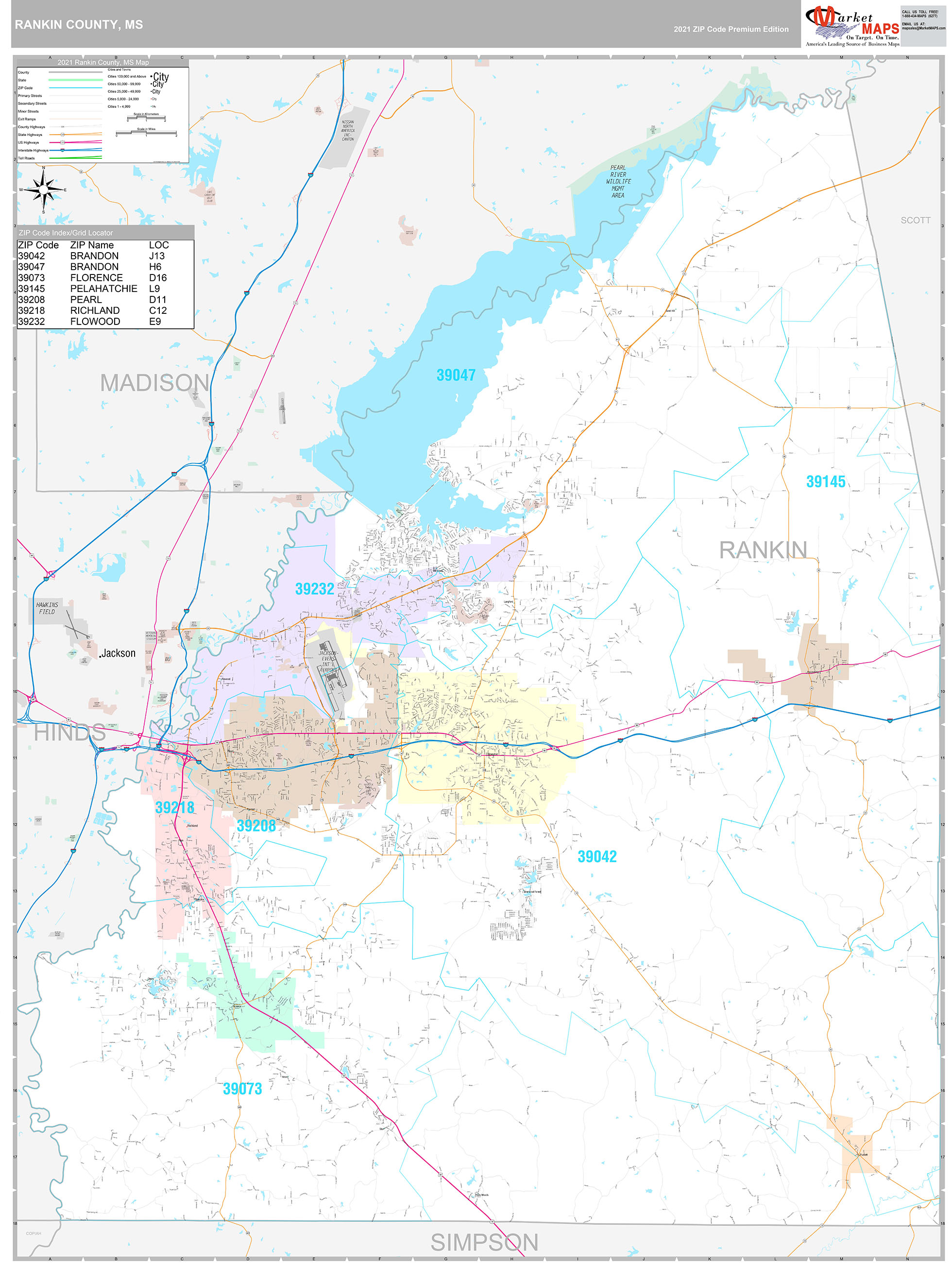 Rankin County, MS Wall Map Premium Style by MarketMAPS