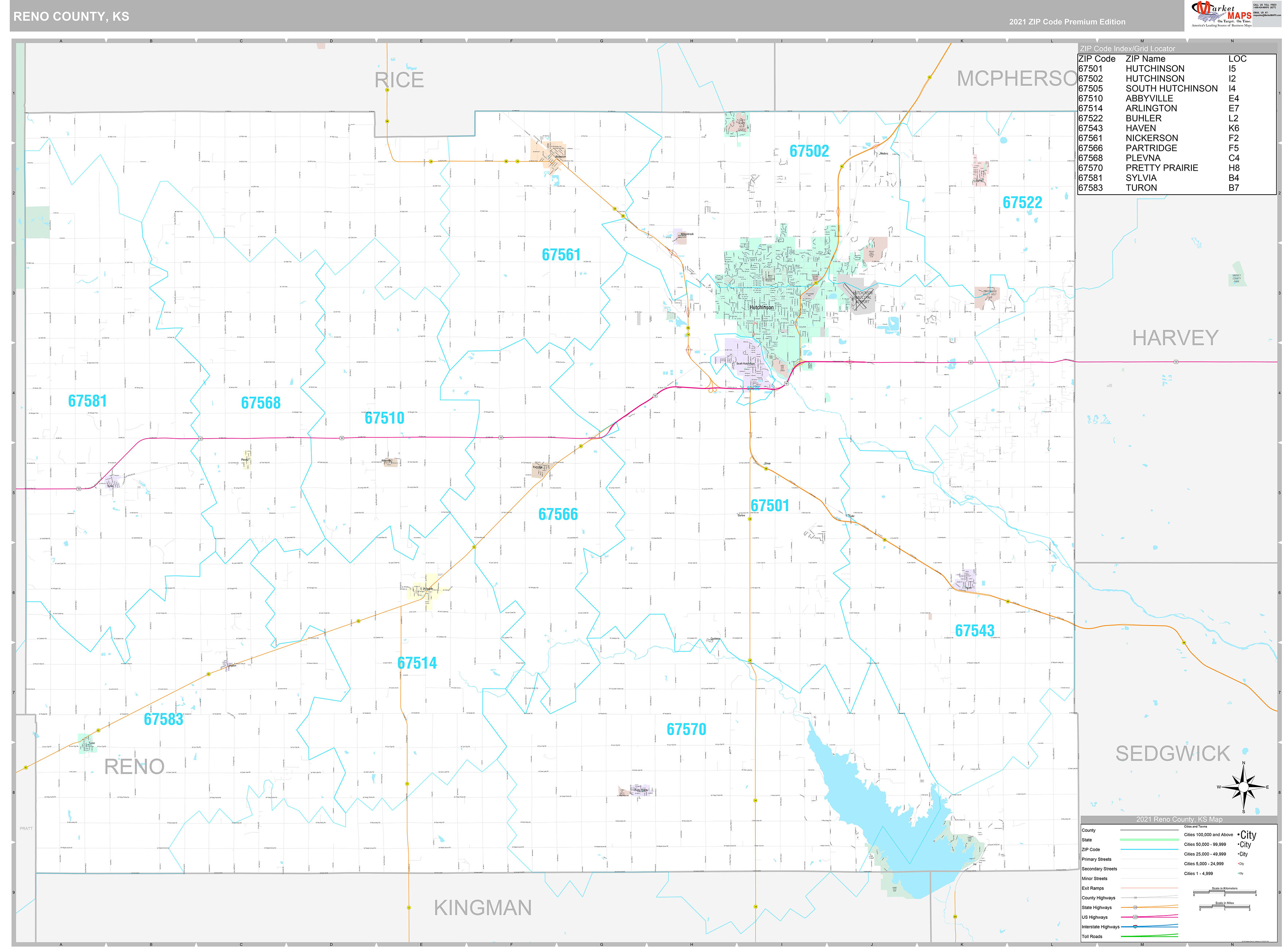 Reno County, KS Wall Map Premium Style by MarketMAPS