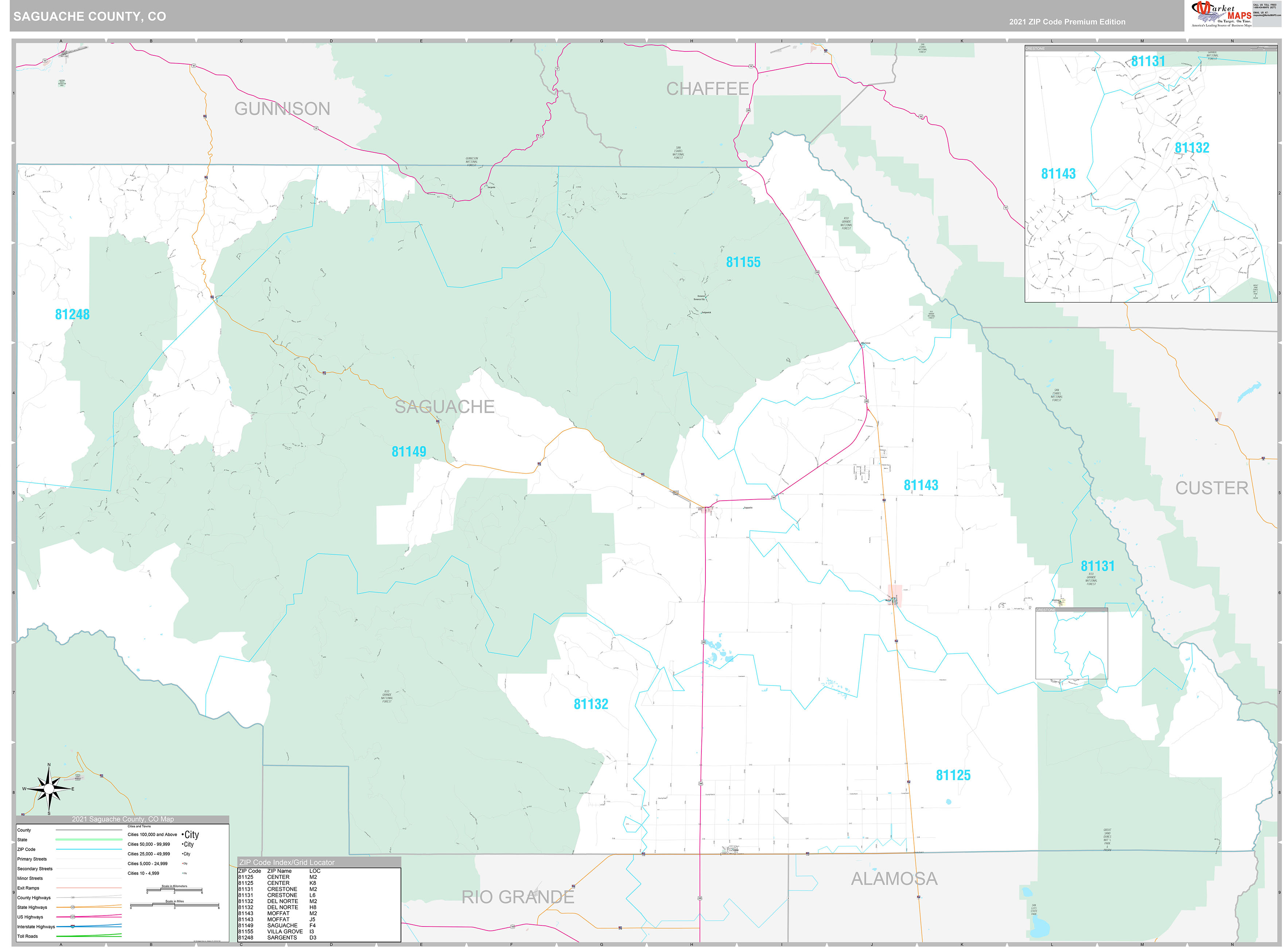 Saguache County, CO Wall Map Premium Style by MarketMAPS