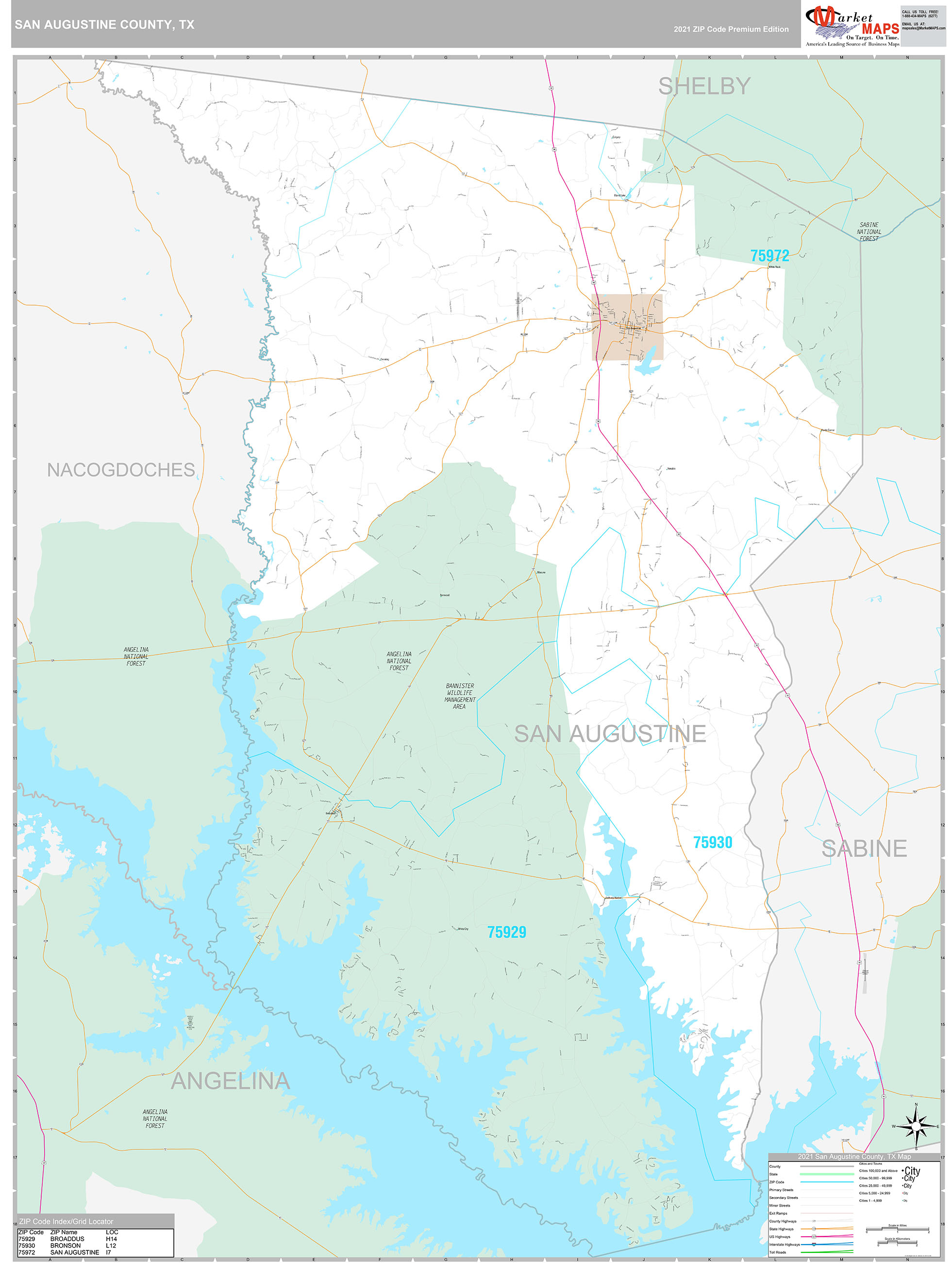 San Augustine County, TX Wall Map Premium Style by MarketMAPS