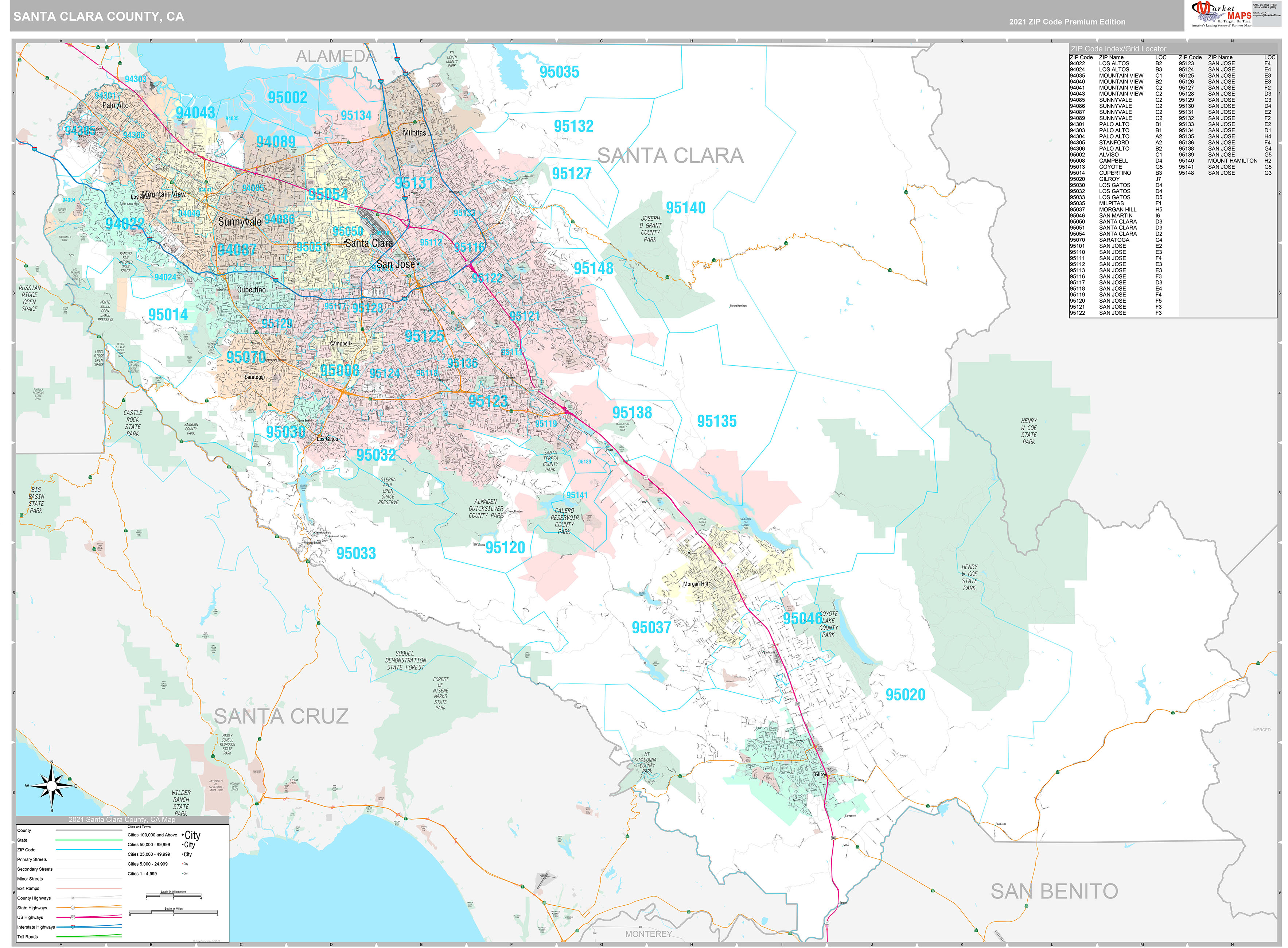 Santa Clara County, CA Wall Map Premium Style by MarketMAPS