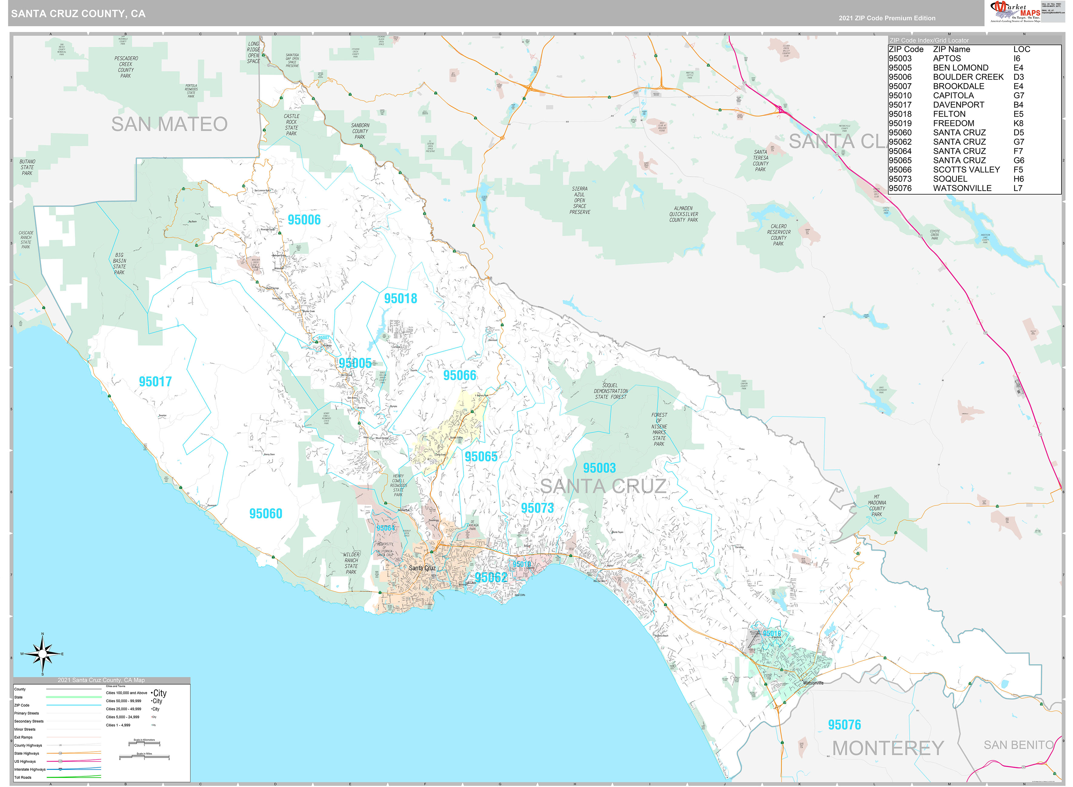 Santa Cruz County CA Wall Map Premium Style by MarketMAPS