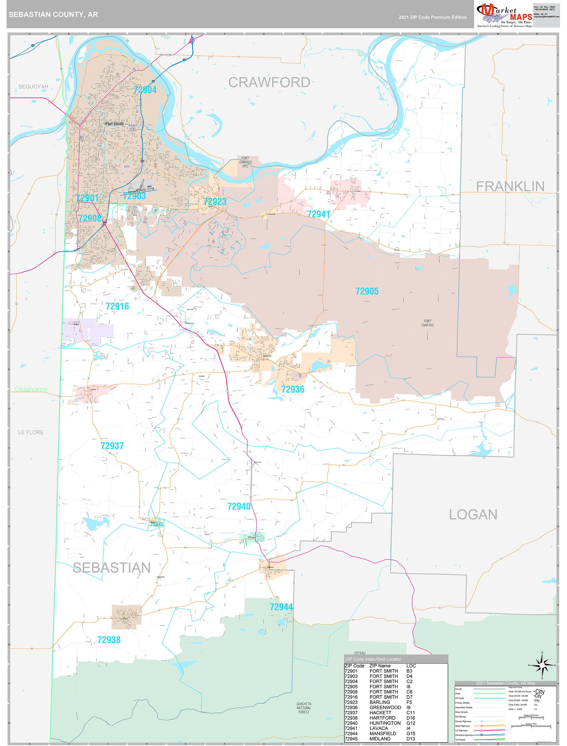 Sebastian County, AR Wall Map Premium Style by MarketMAPS MapSales