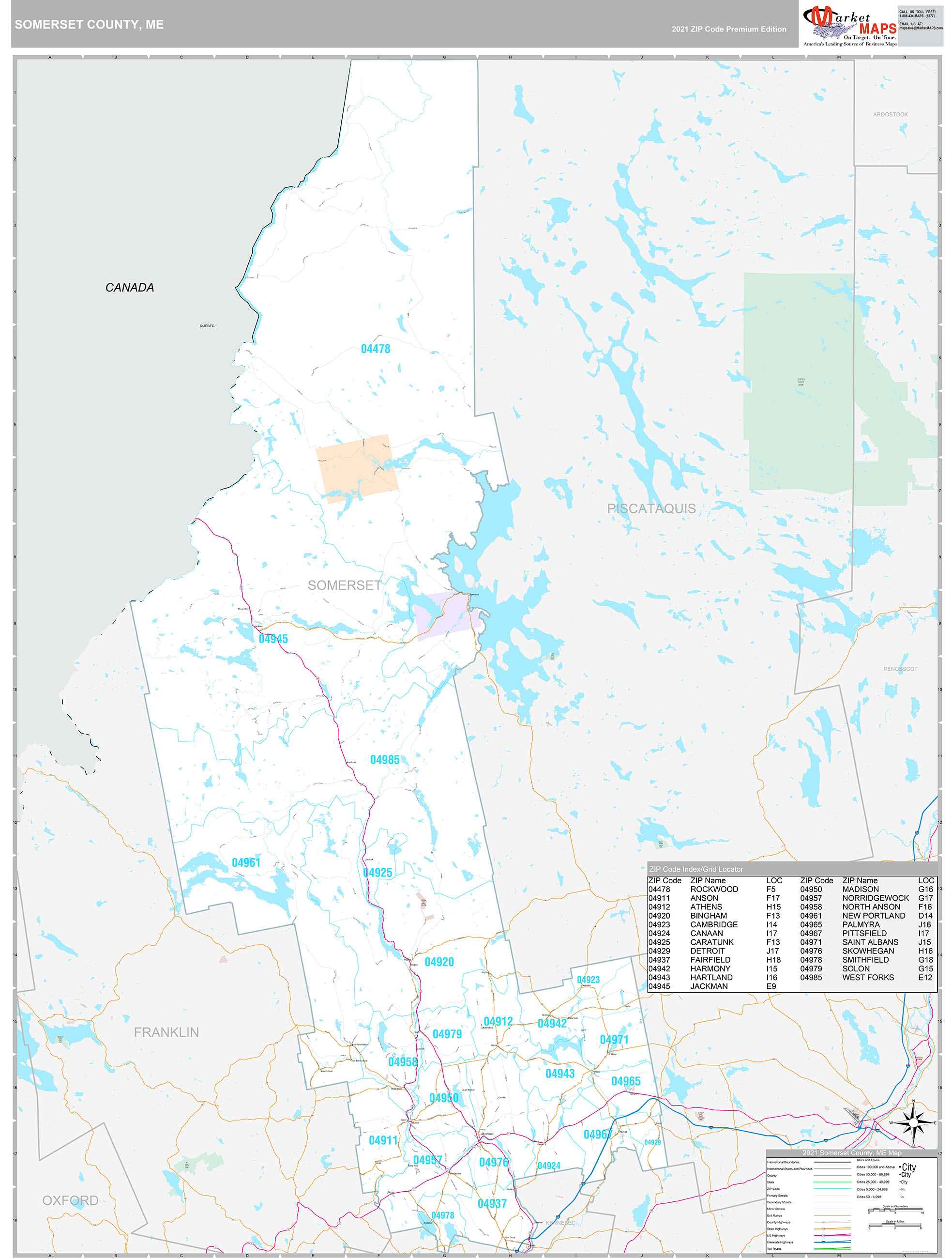 Somerset County, ME Wall Map Premium Style by MarketMAPS