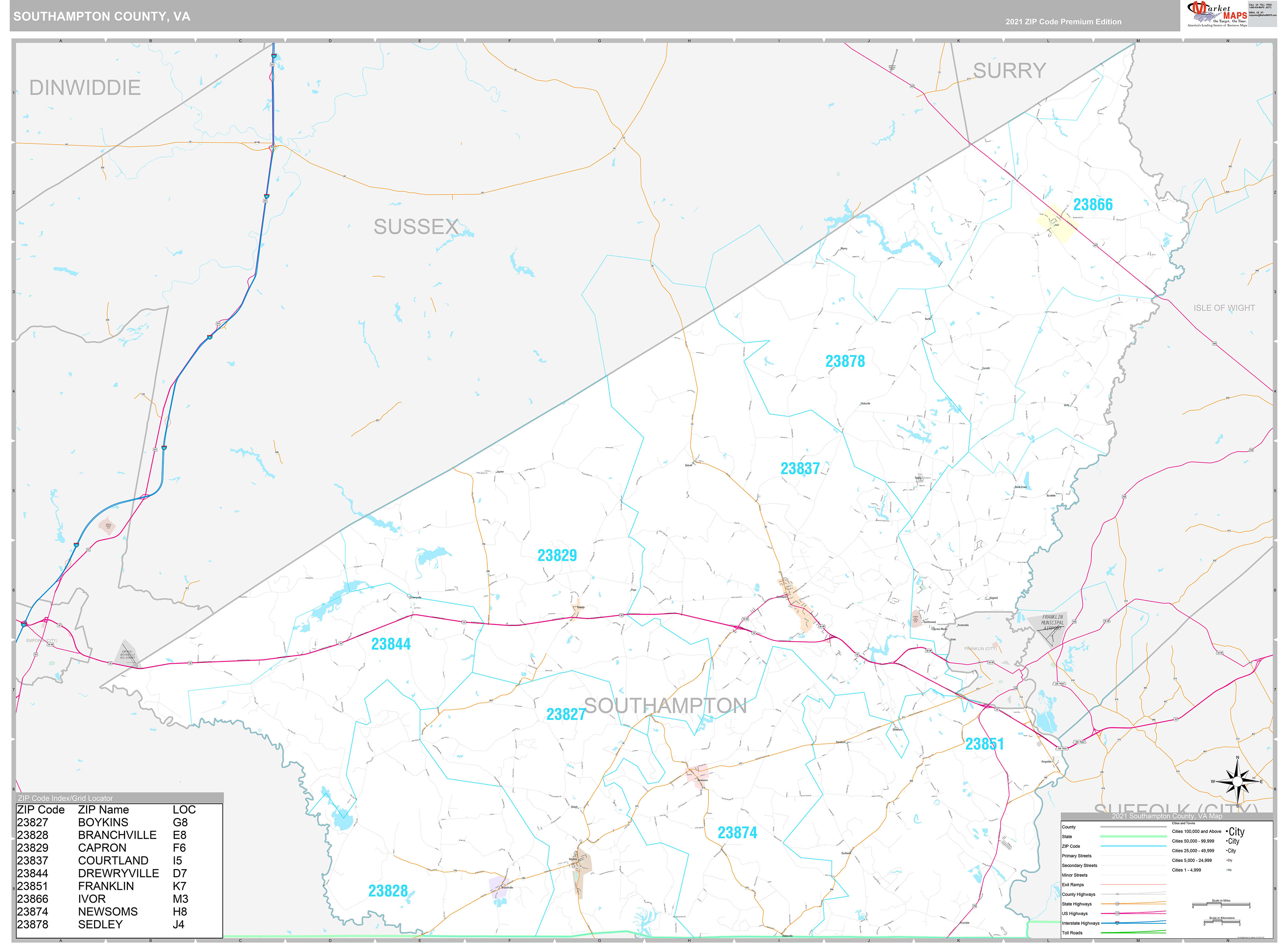 Southampton County, VA Wall Map Premium Style by MarketMAPS