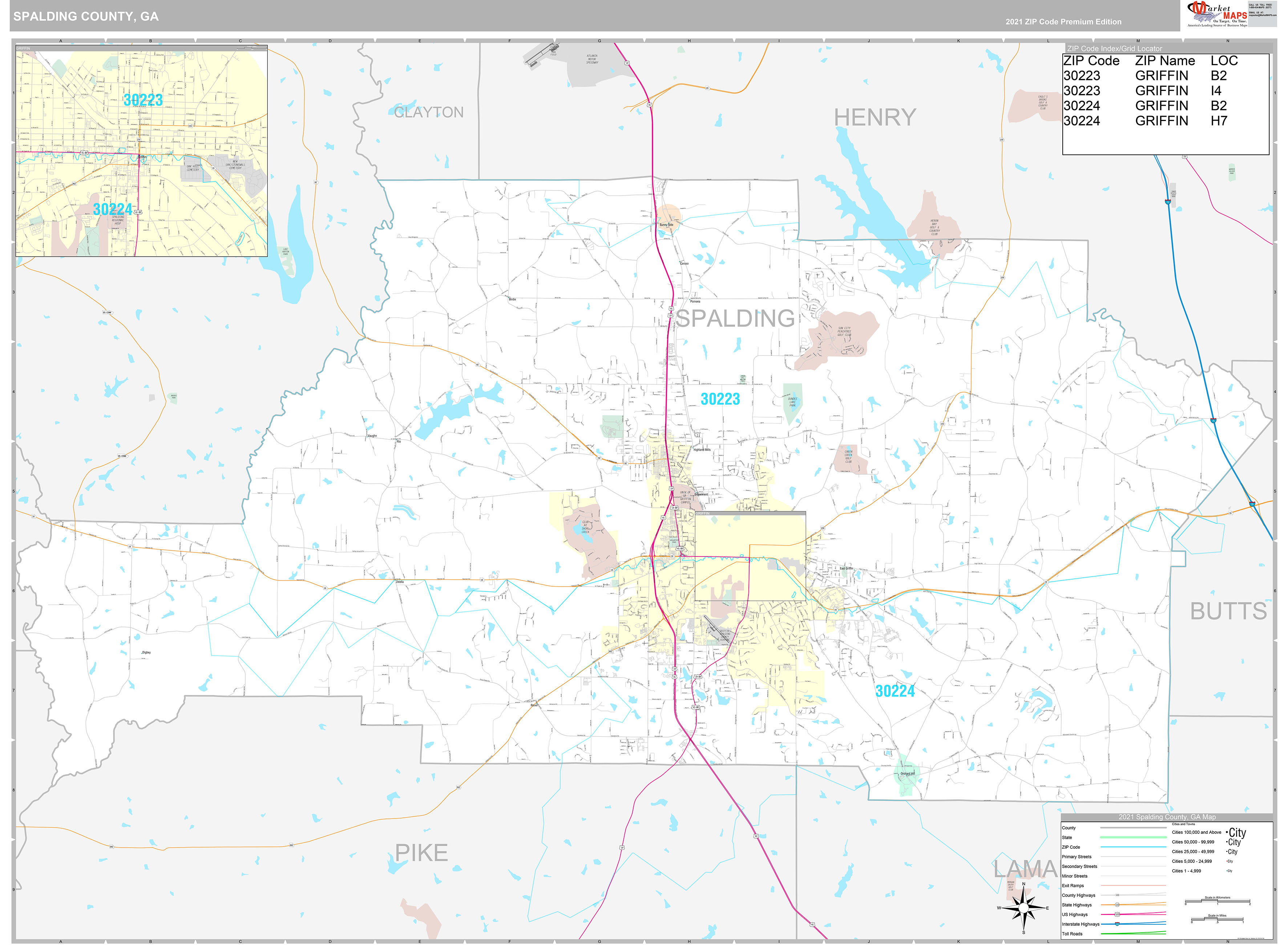 Spalding County, GA Wall Map Premium Style by MarketMAPS