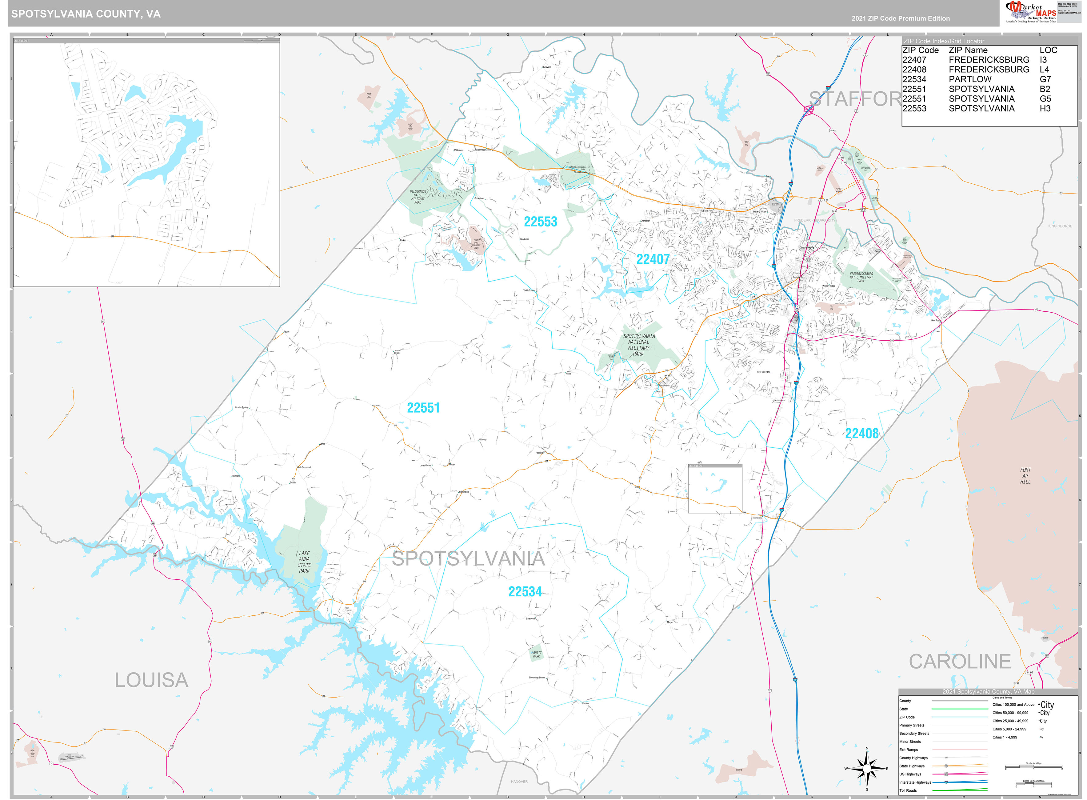 Spotsylvania County, VA Wall Map Premium Style by MarketMAPS MapSales