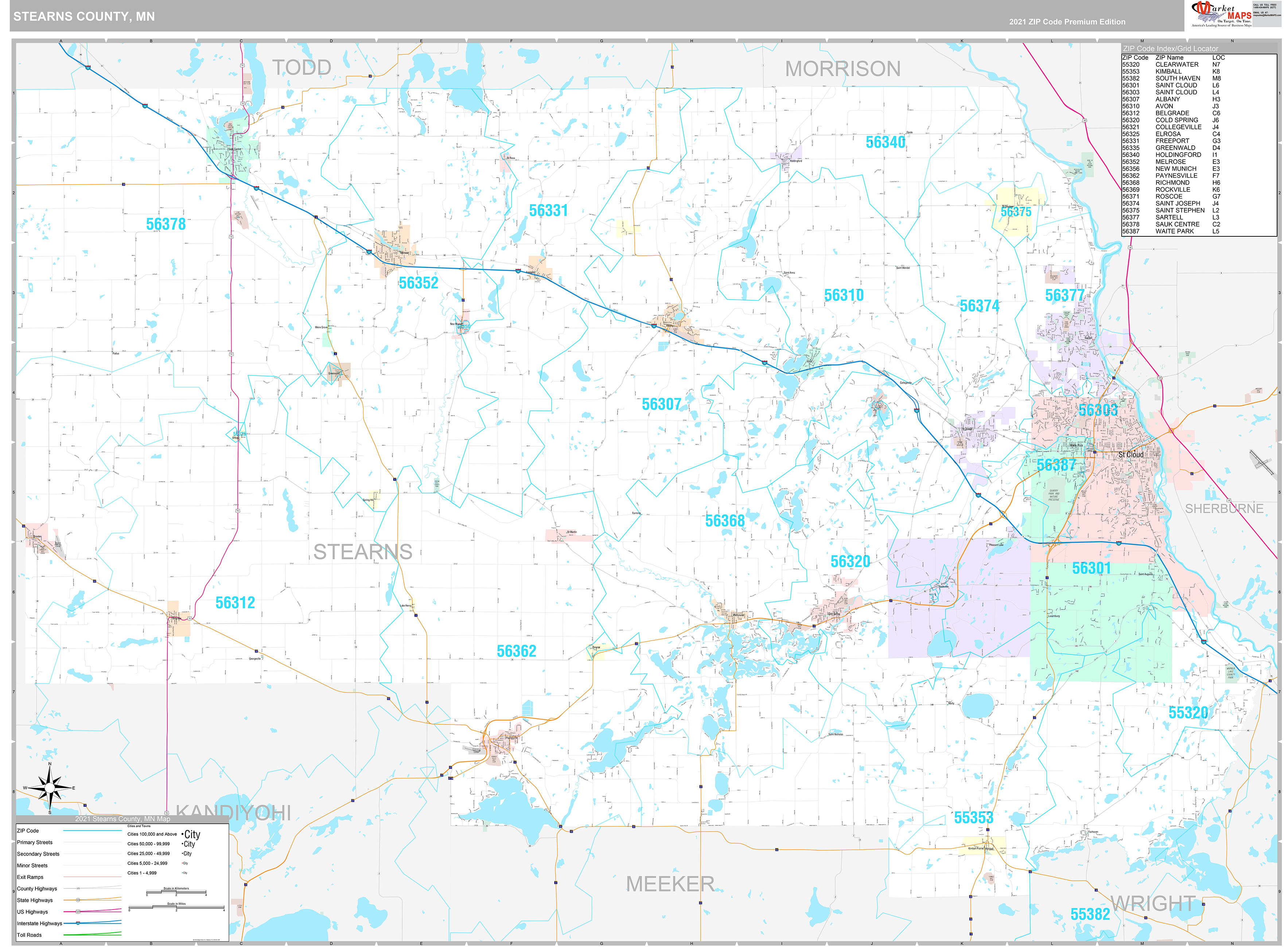 Stearns County, MN Wall Map Premium Style by MarketMAPS MapSales