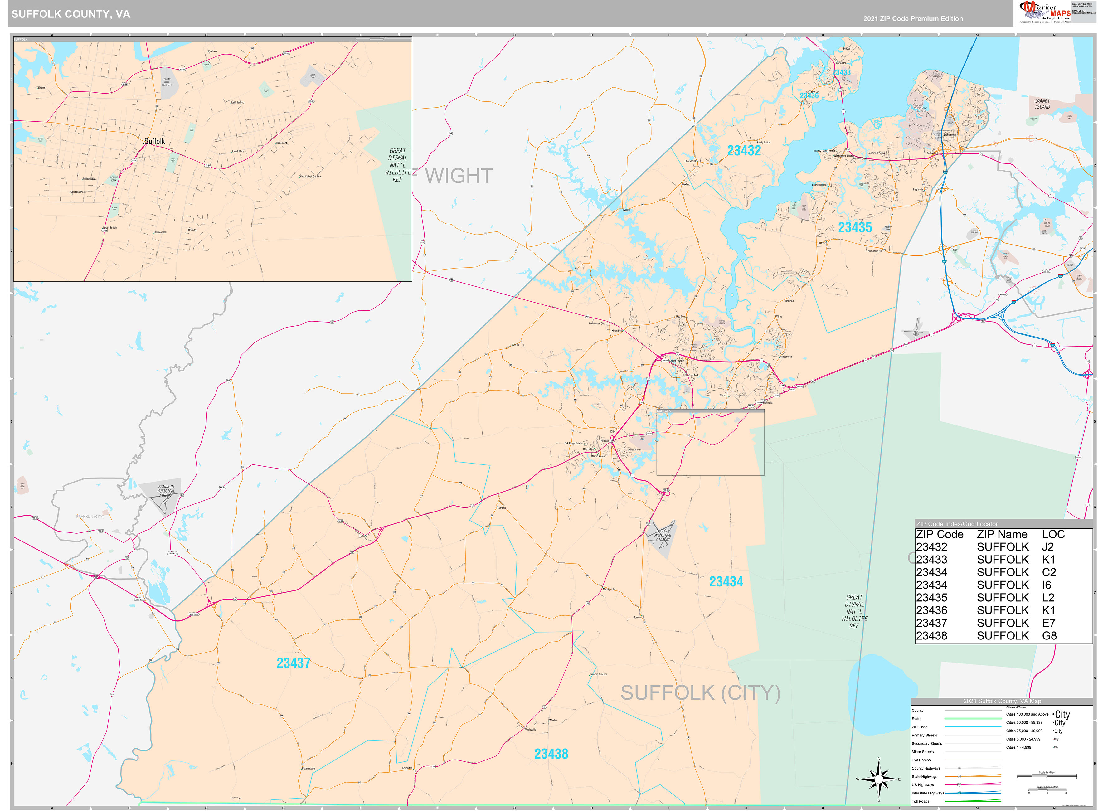Suffolk County VA Wall Map Premium Style by MarketMAPS