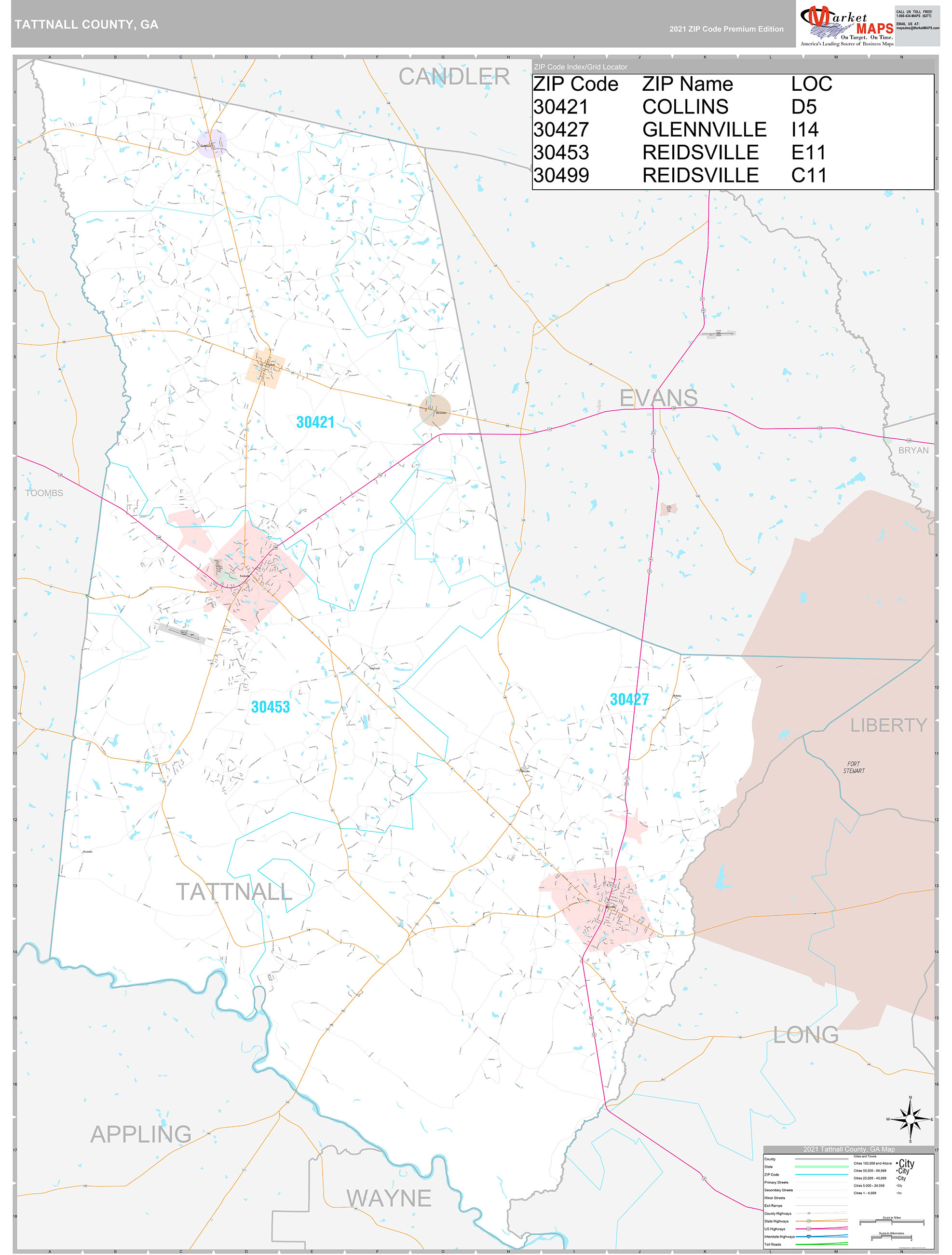 Tattnall County, GA Wall Map Premium Style by MarketMAPS