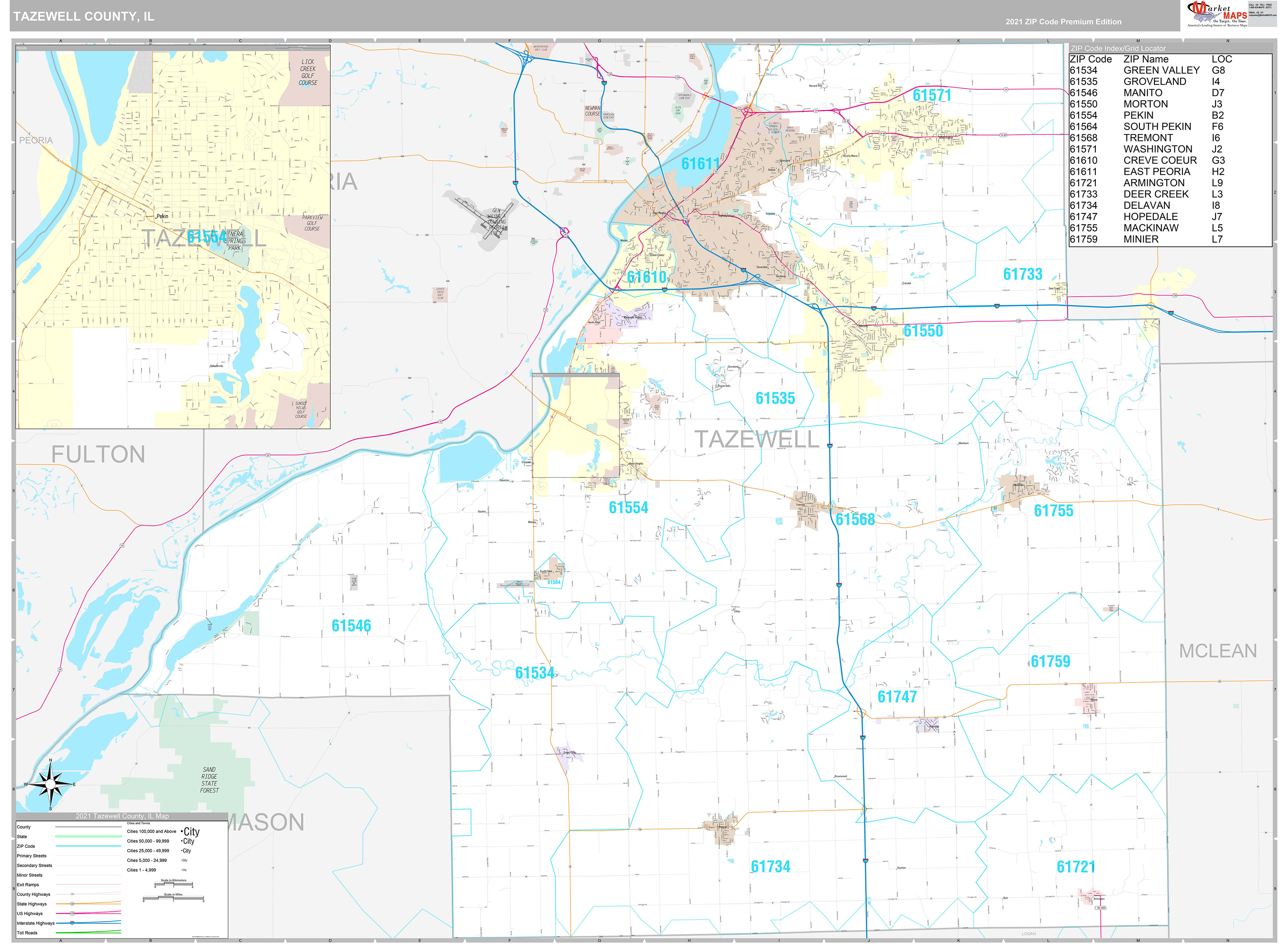 Tazewell County IL Wall Map Premium Style by MarketMAPS MapSales com