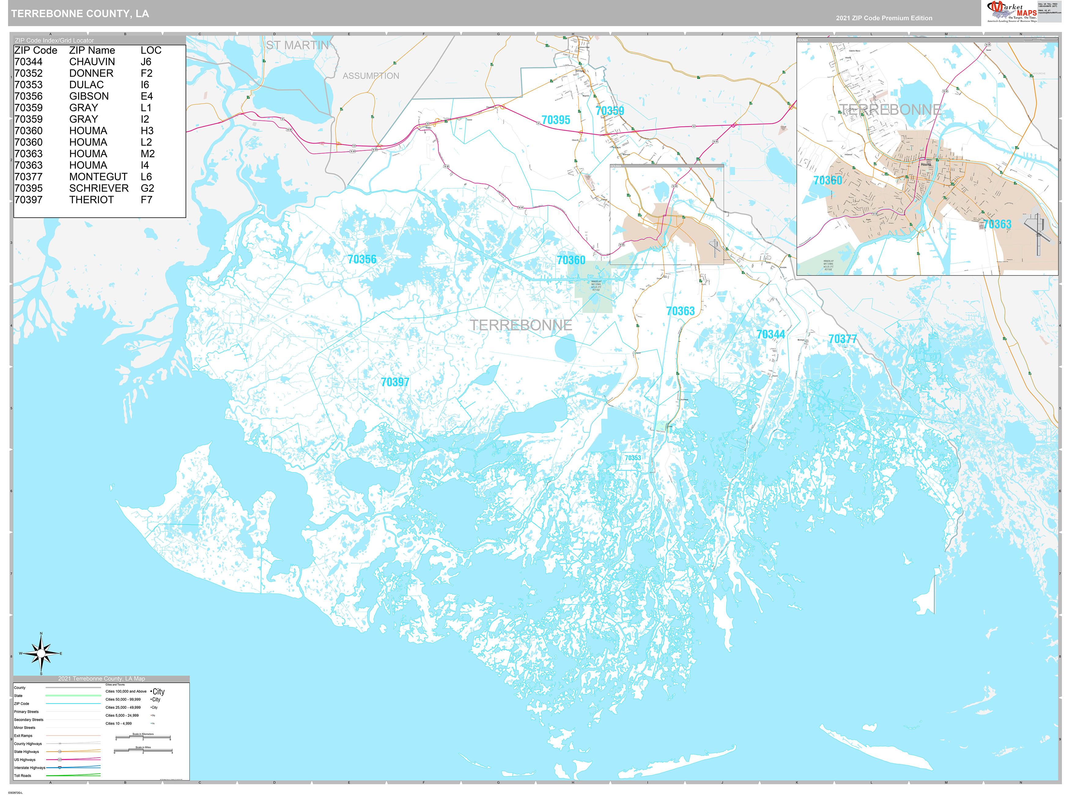 Terrebonne County, LA Wall Map Premium Style by MarketMAPS - MapSales