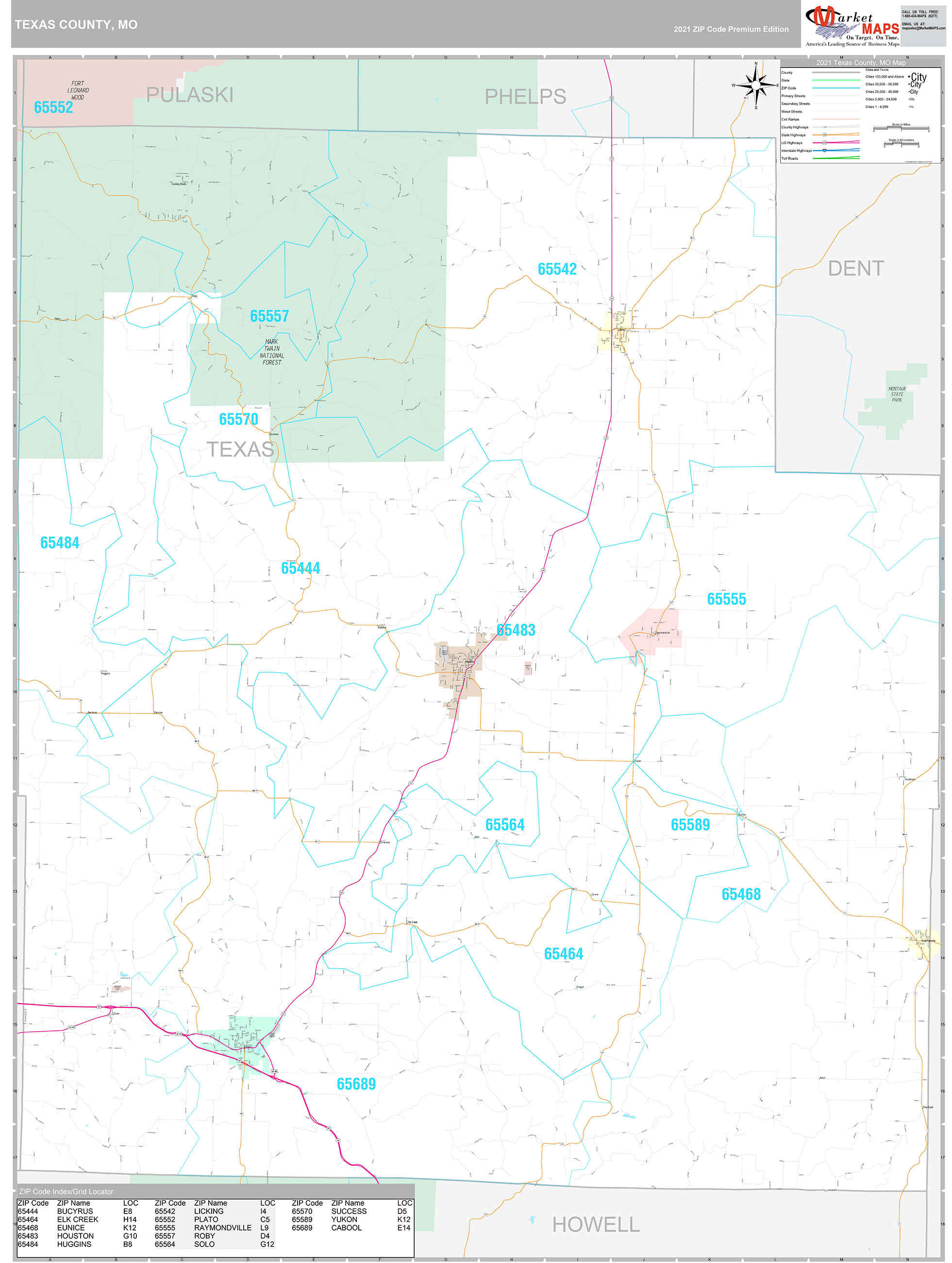 Texas County, MO Wall Map Premium Style by MarketMAPS