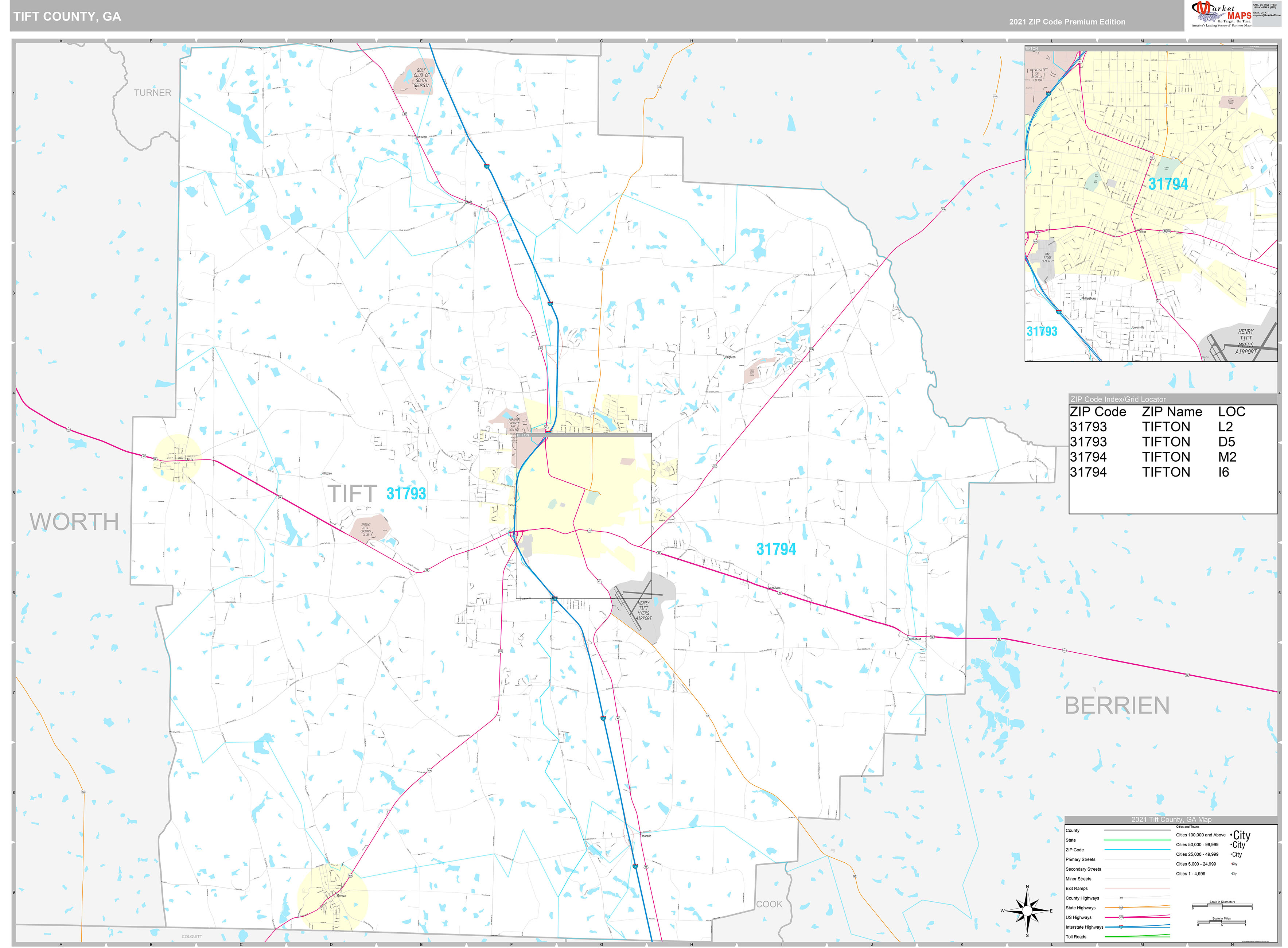 Tift County, GA Wall Map Premium Style by MarketMAPS - MapSales