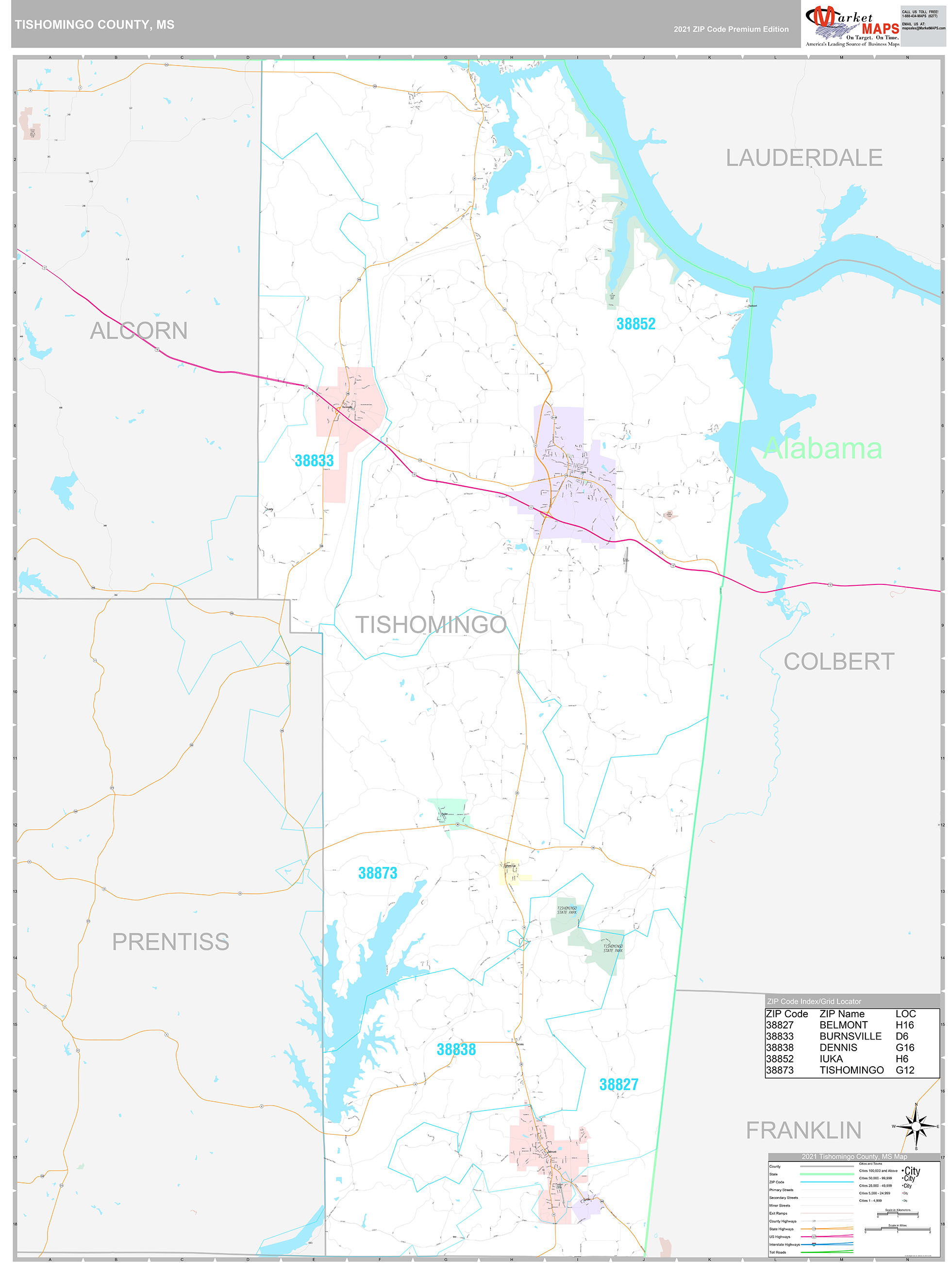 Tishomingo County, MS Wall Map Premium Style by MarketMAPS