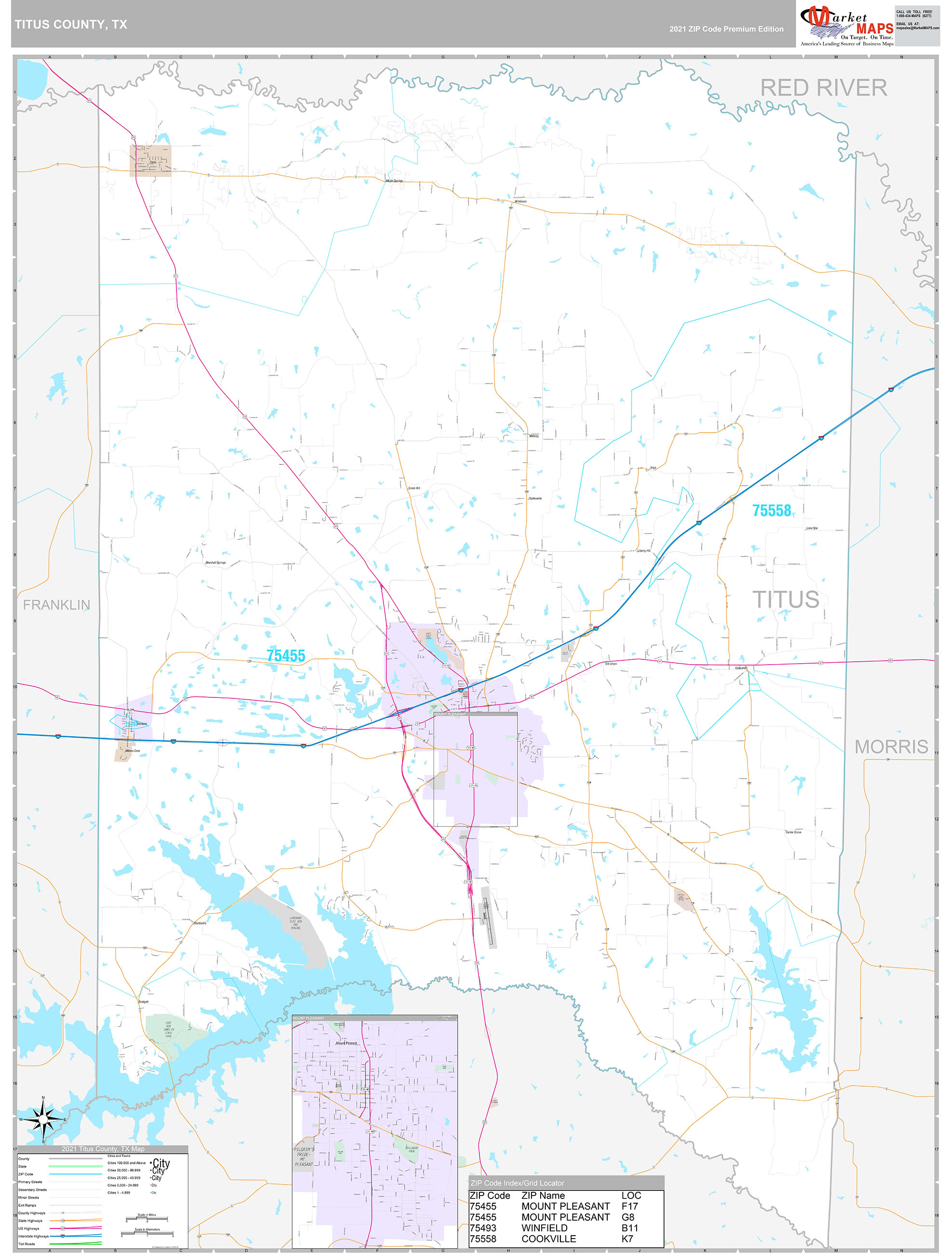 Titus County, TX Wall Map Premium Style by MarketMAPS - MapSales.com