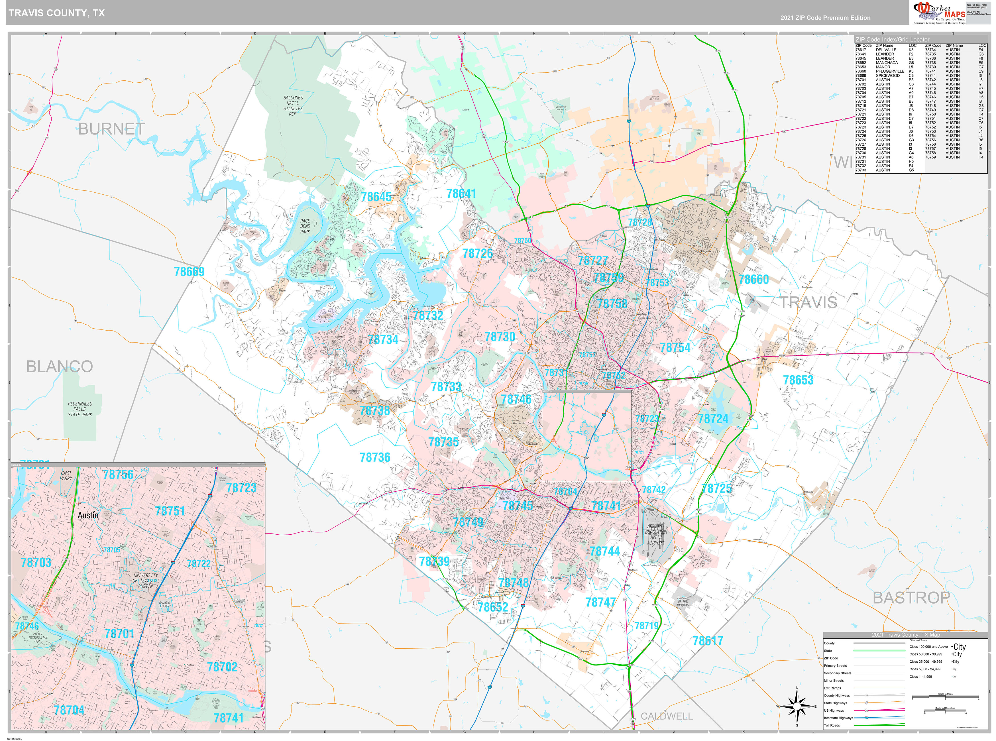 Travis County TX Wall Map Premium Style by MarketMAPS MapSales