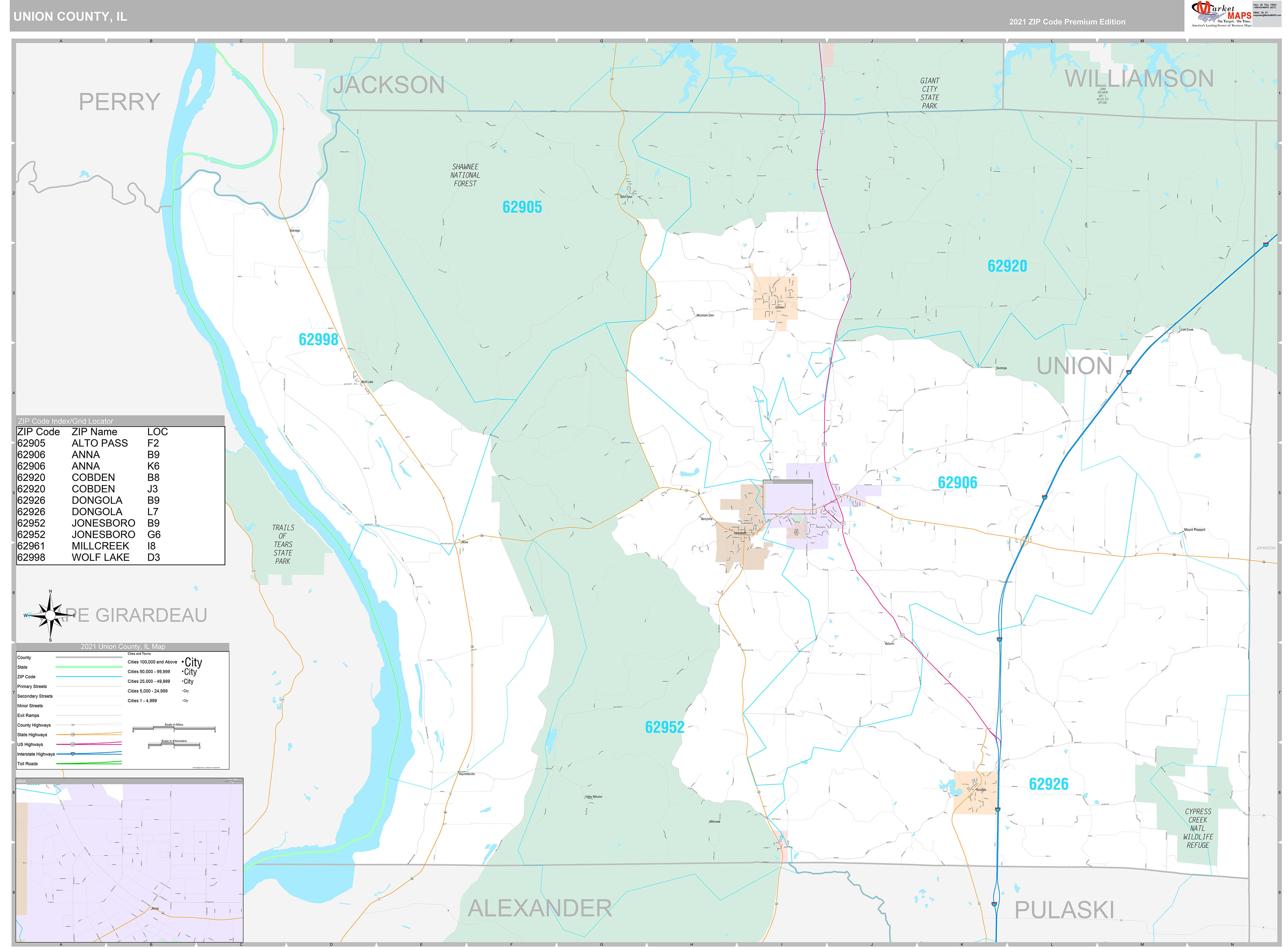 Union County, IL Wall Map Premium Style by MarketMAPS