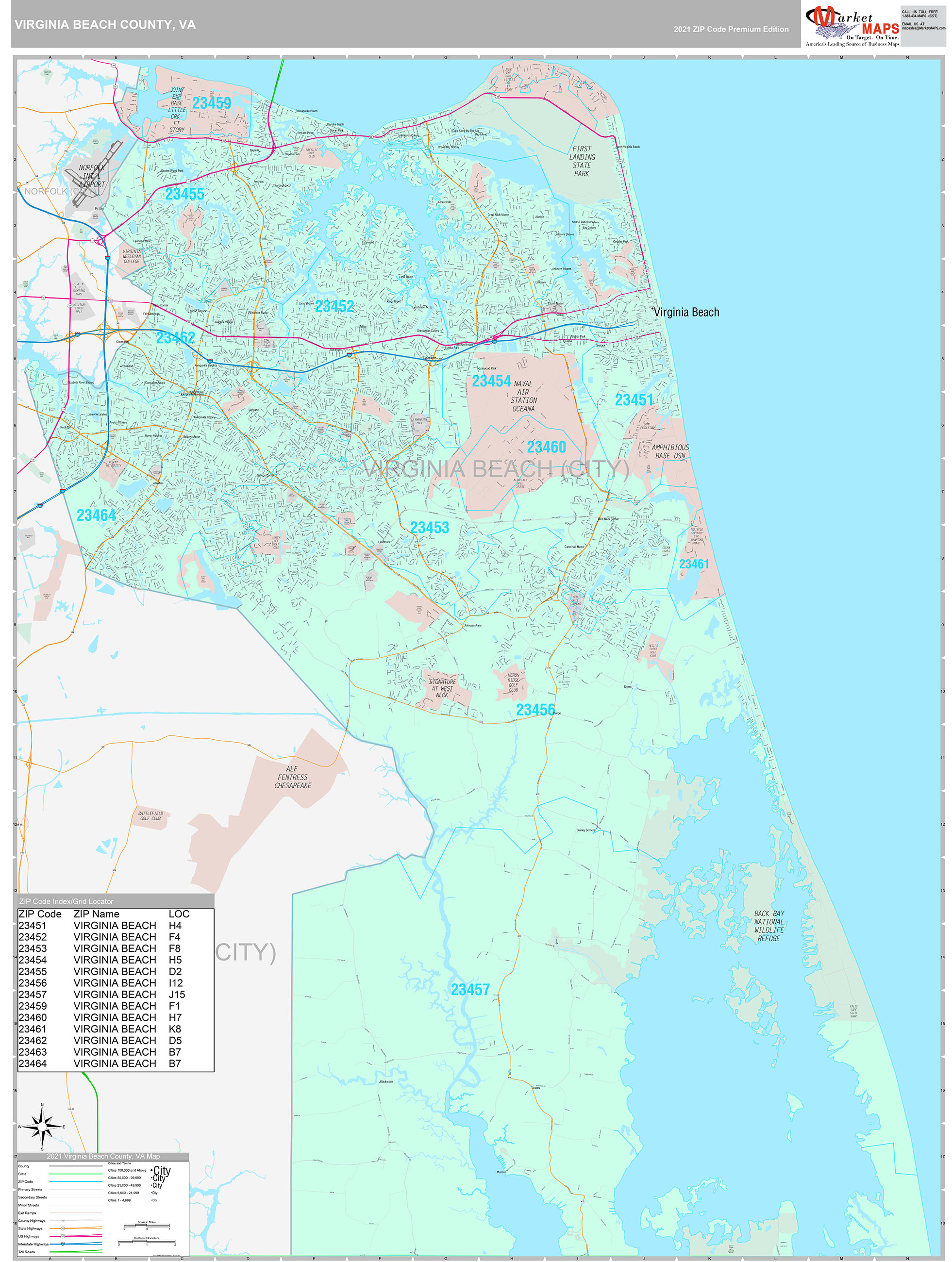 Virginia Beach County, VA Wall Map Premium Style by MarketMAPS