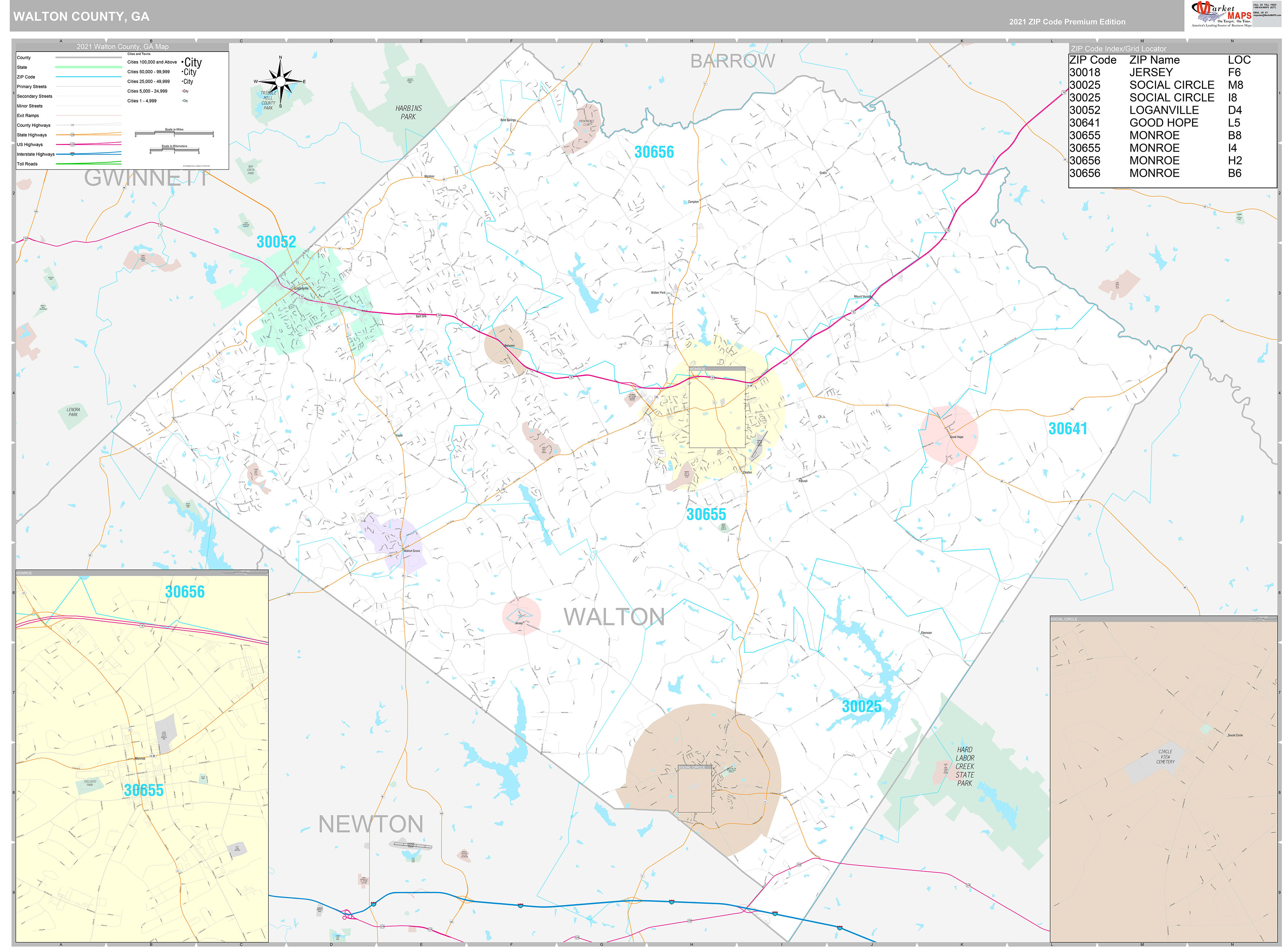 Walton County, GA Wall Map Premium Style by MarketMAPS