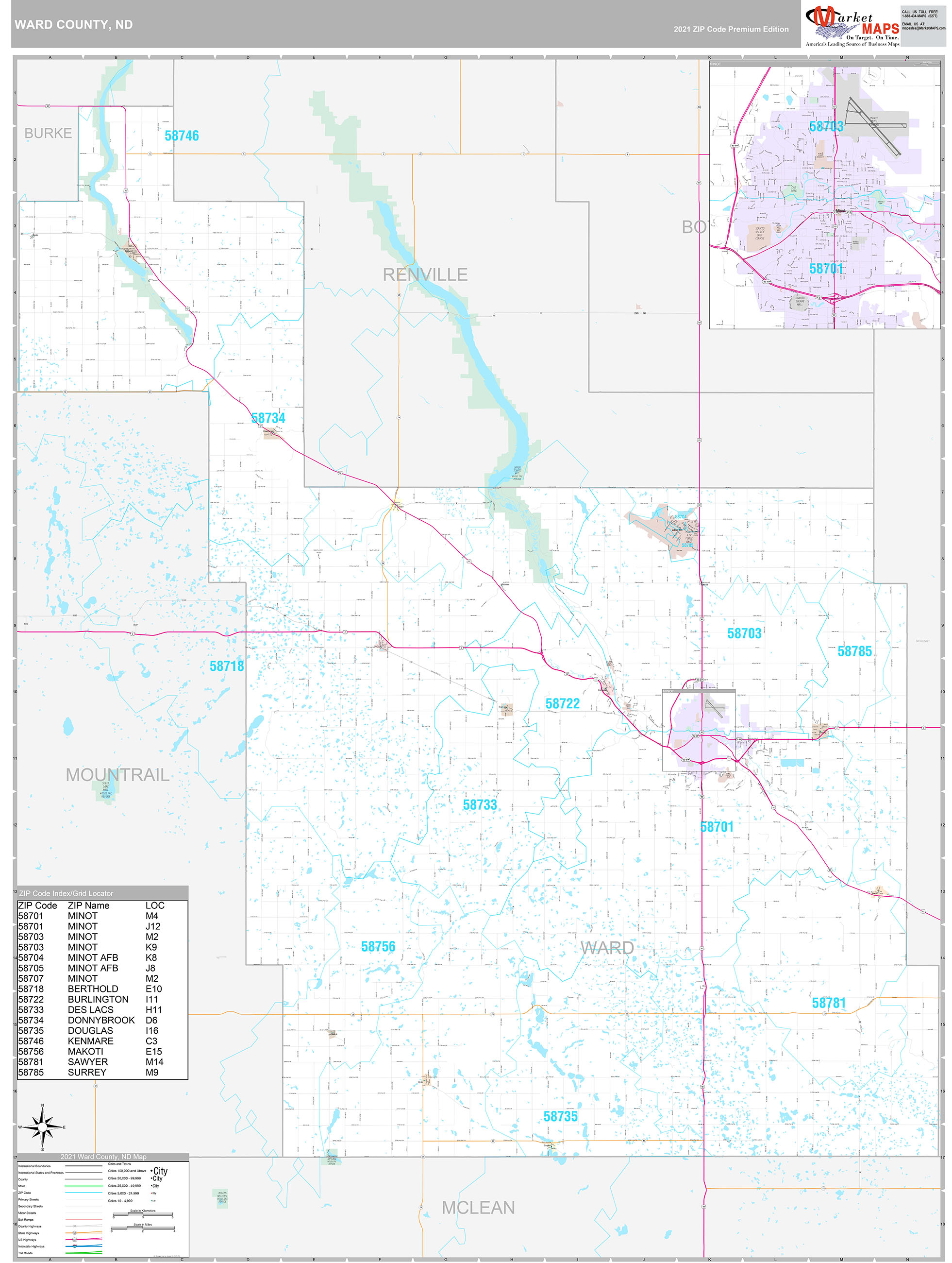 Ward County, ND Wall Map Premium Style by MarketMAPS