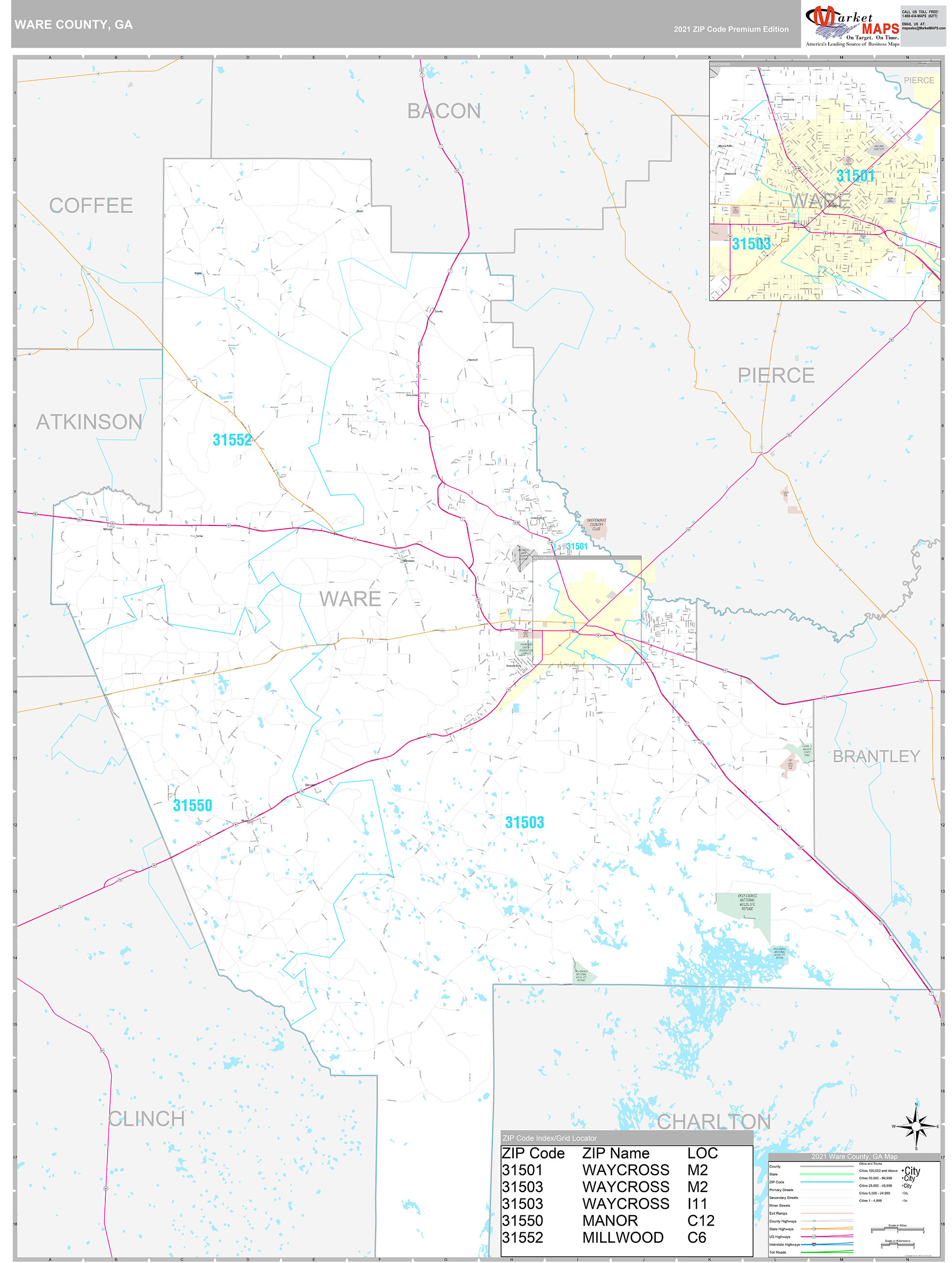 Ware County, GA Wall Map Premium Style by MarketMAPS - MapSales.com