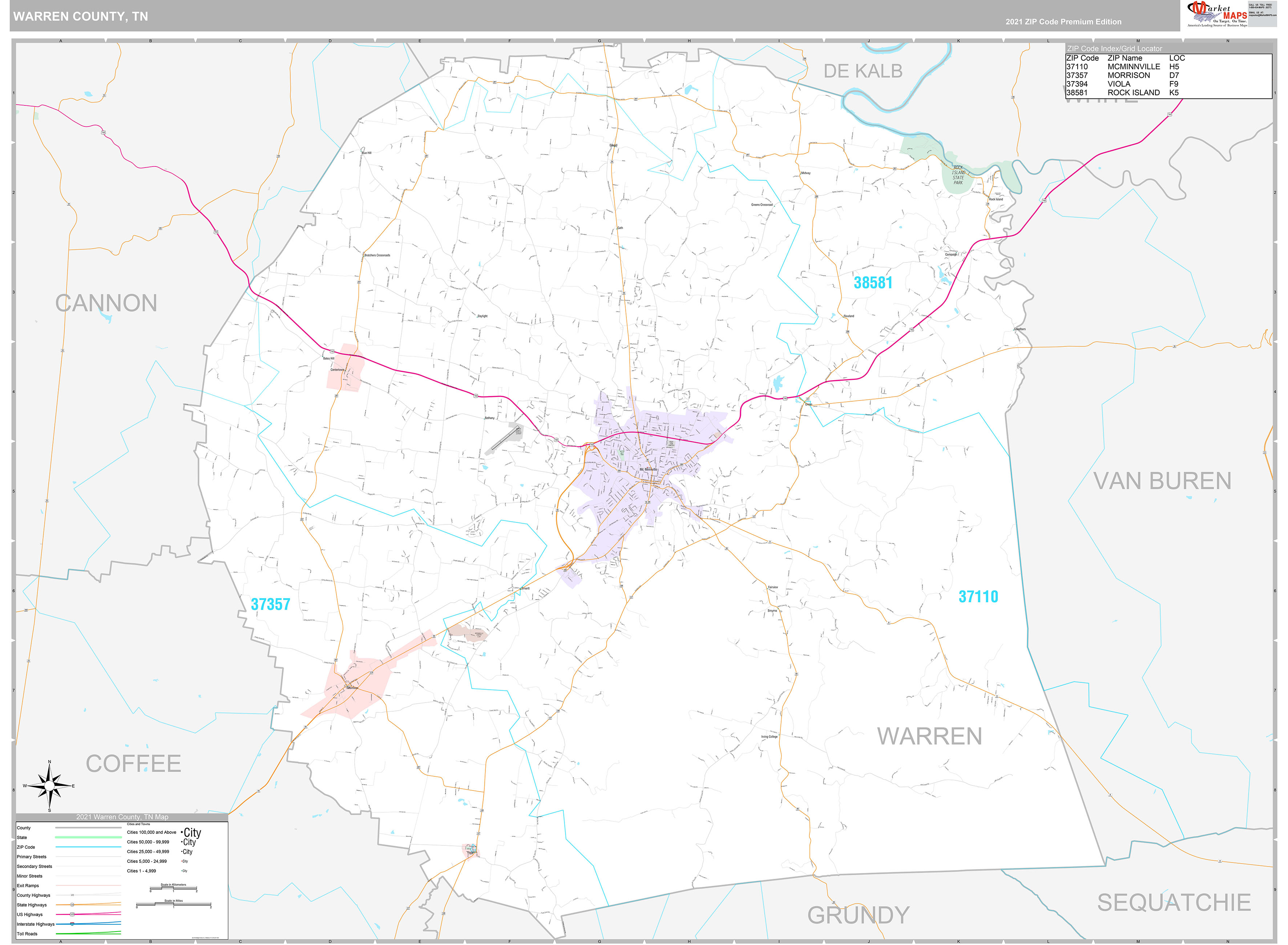 Warren County, TN Wall Map Premium Style by MarketMAPS