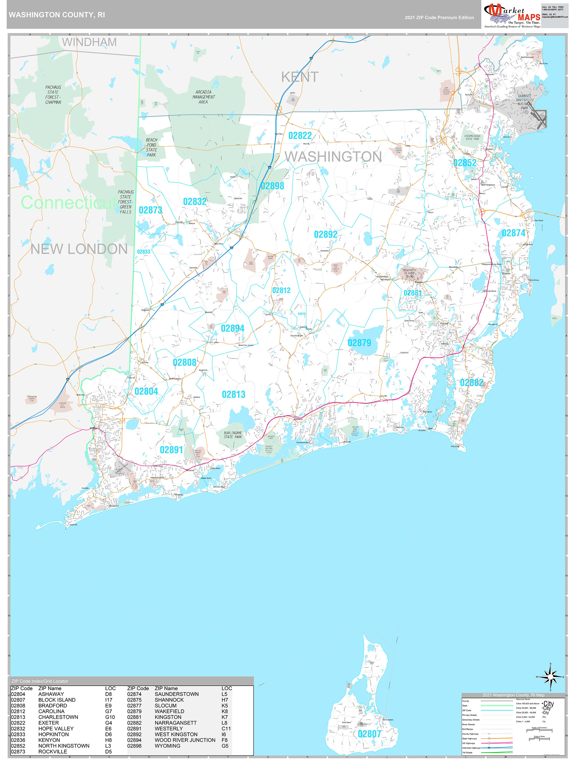 Washington County, RI Wall Map Premium Style by MarketMAPS