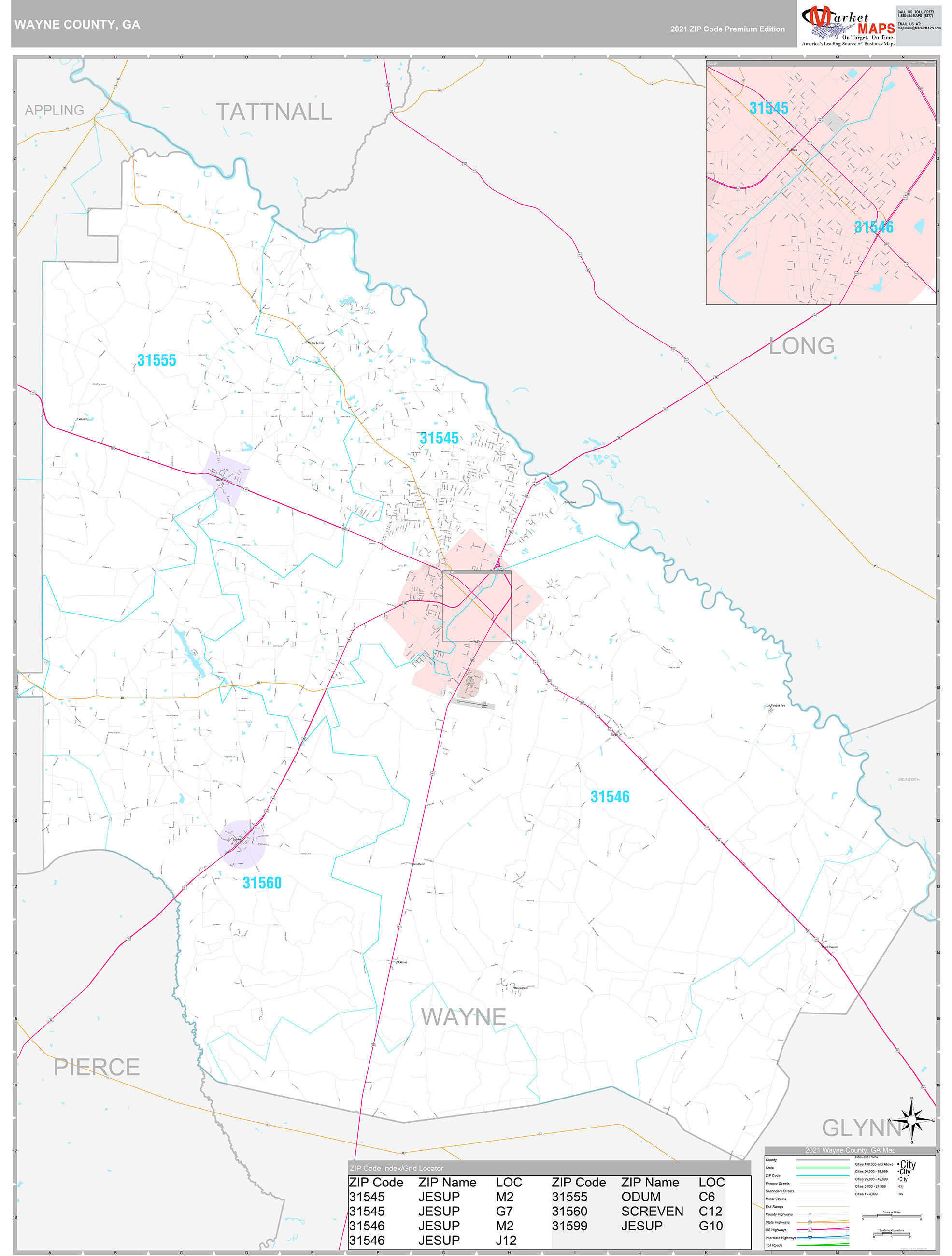 Wayne County, GA Wall Map Premium Style by MarketMAPS