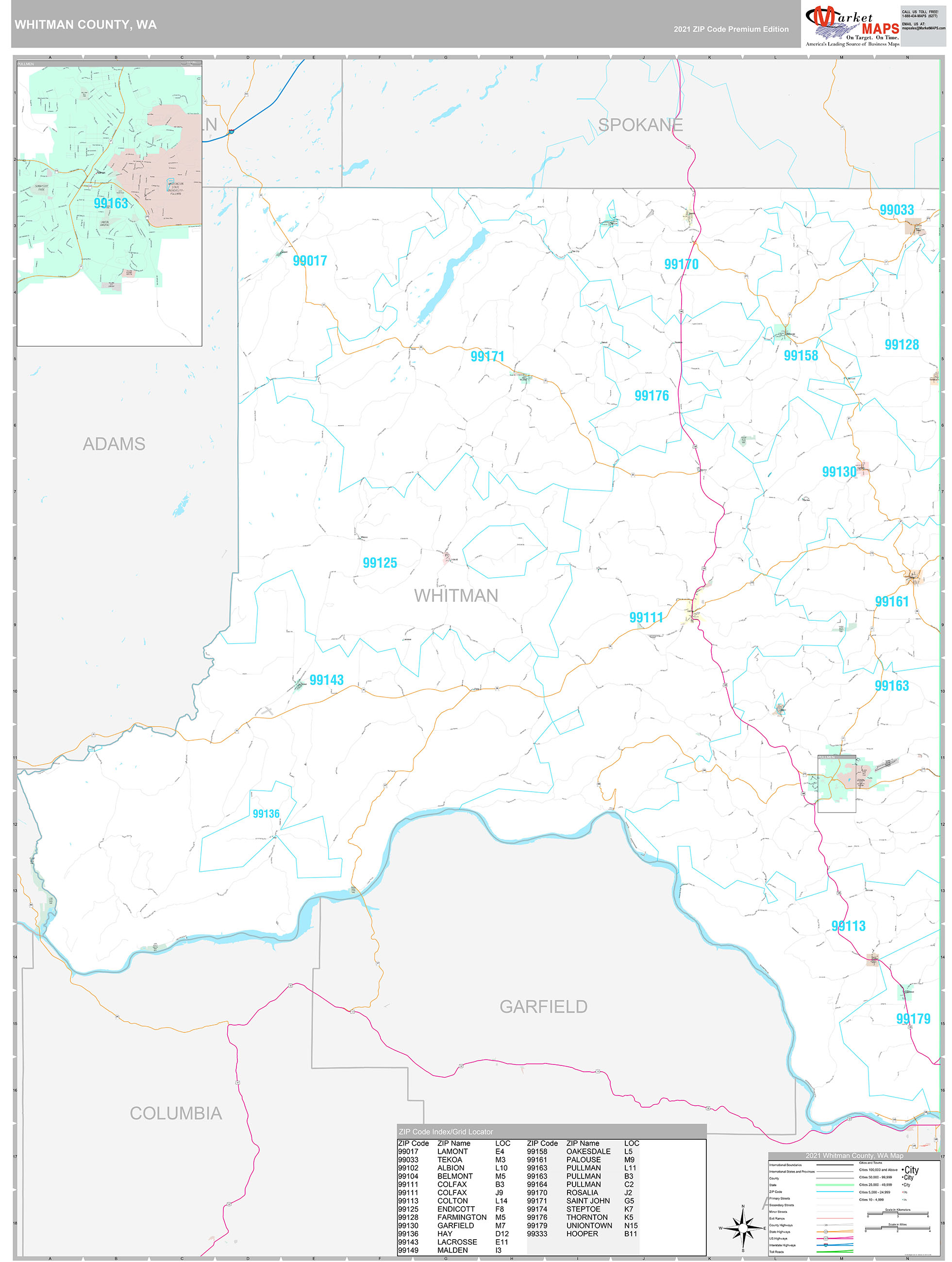 Whitman County, WA Wall Map Premium Style by MarketMAPS - MapSales.com