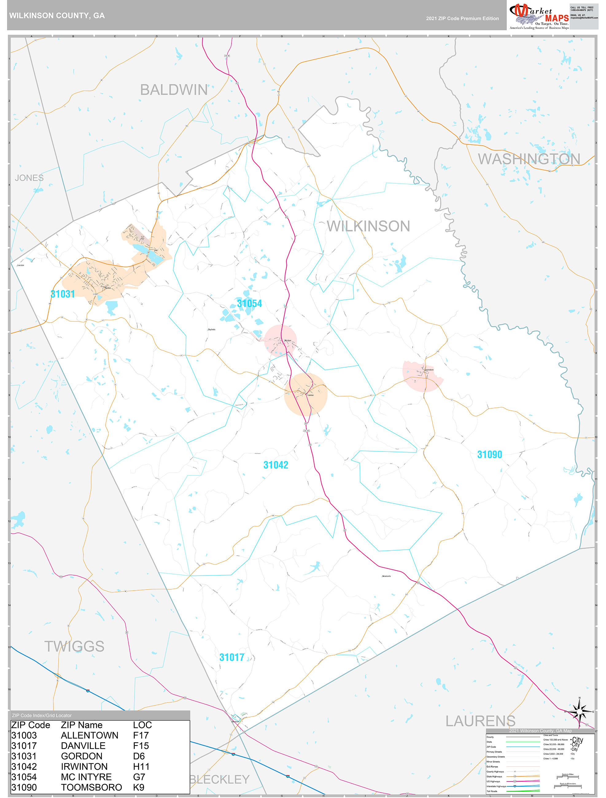 Wilkinson County, GA Wall Map Premium Style by MarketMAPS - MapSales