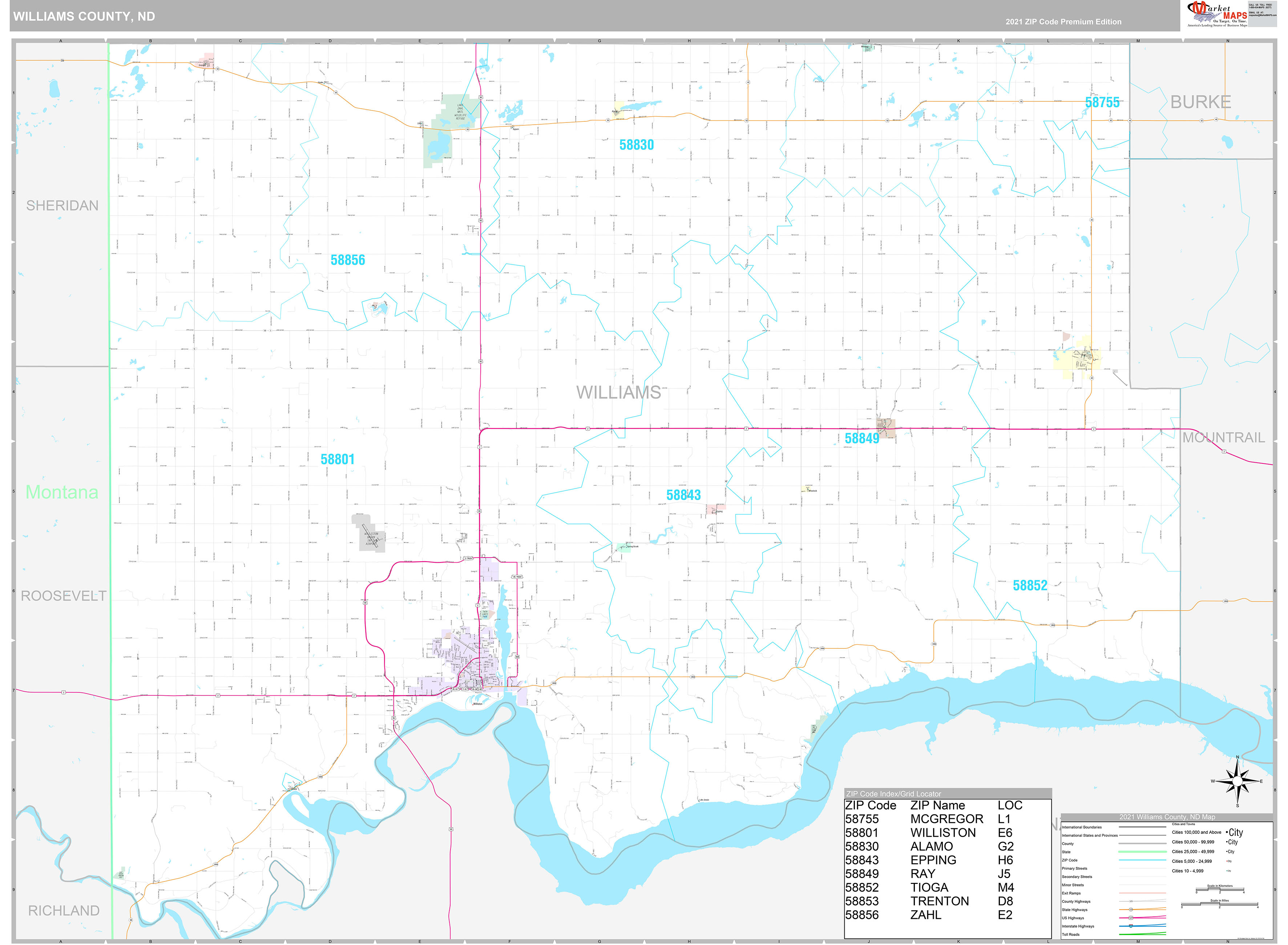 Williams County, ND Wall Map Premium Style by MarketMAPS MapSales