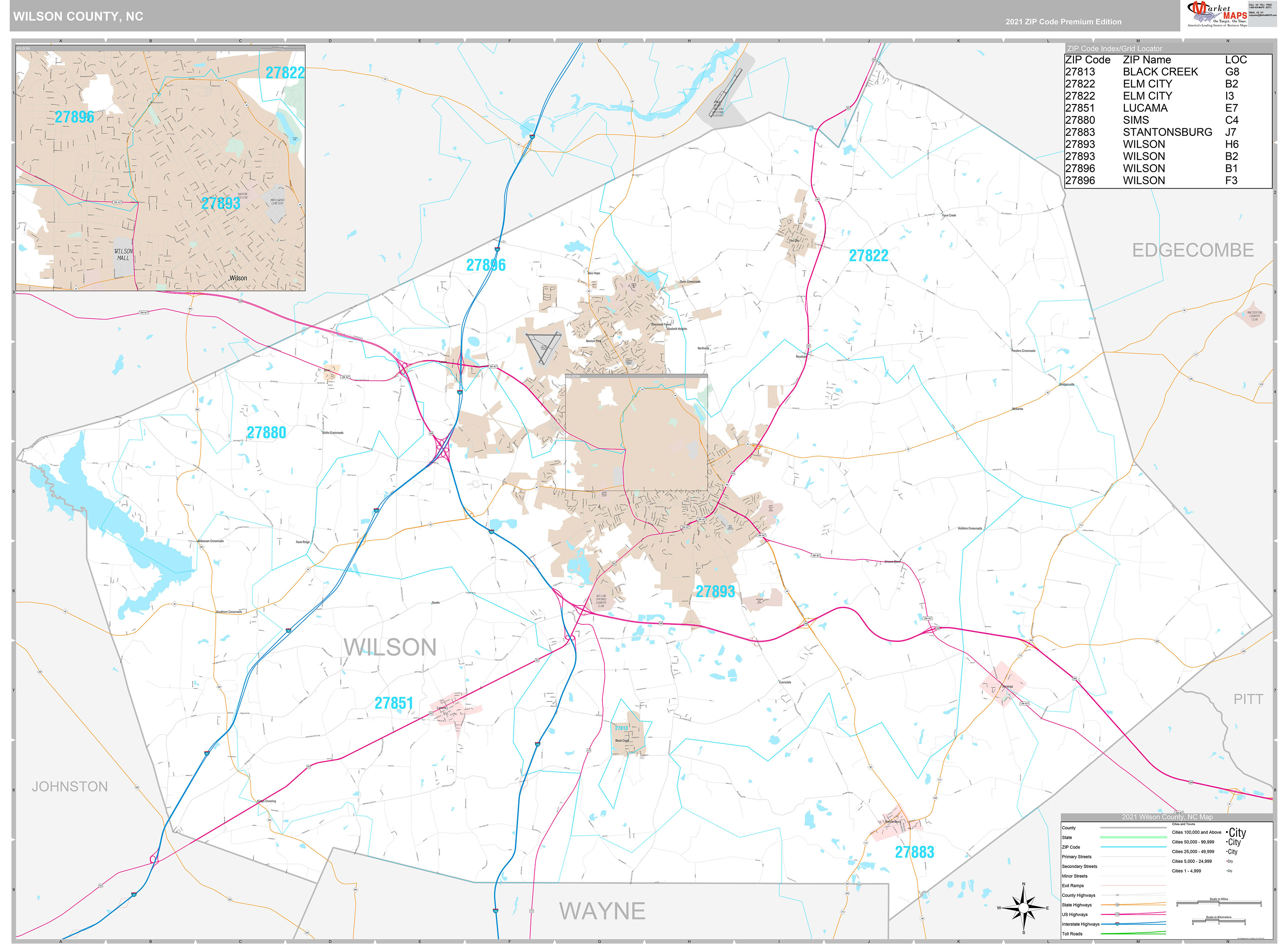 Wilson County NC Wall Map Premium Style by MarketMAPS MapSales com