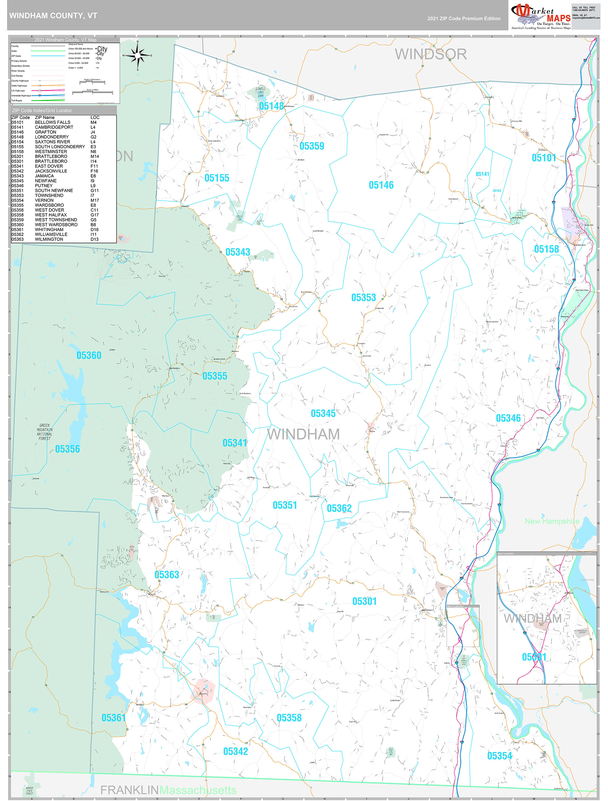 Windham County, VT Wall Map Premium Style by MarketMAPS