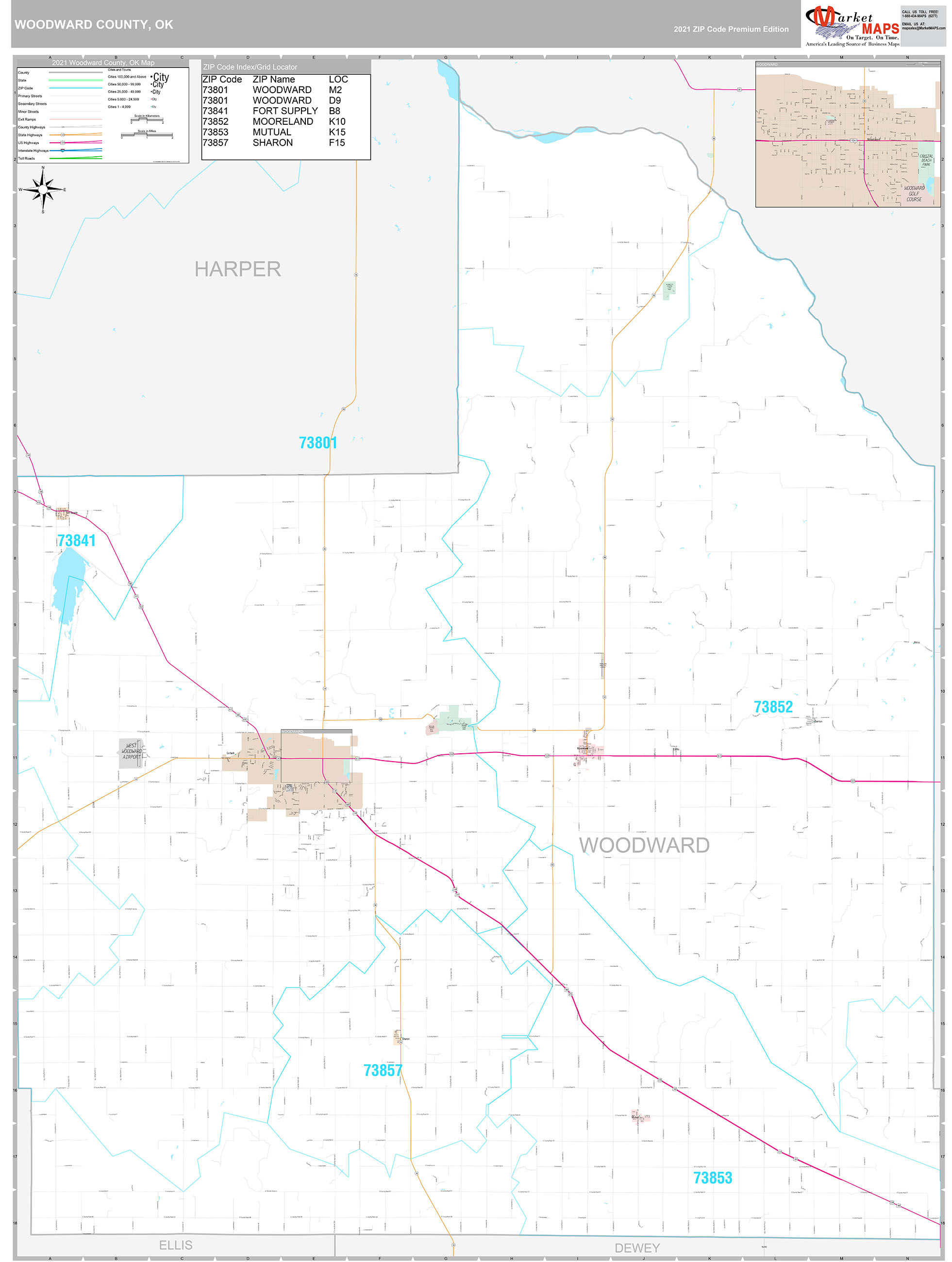 Woodward County, OK Wall Map Premium Style by MarketMAPS