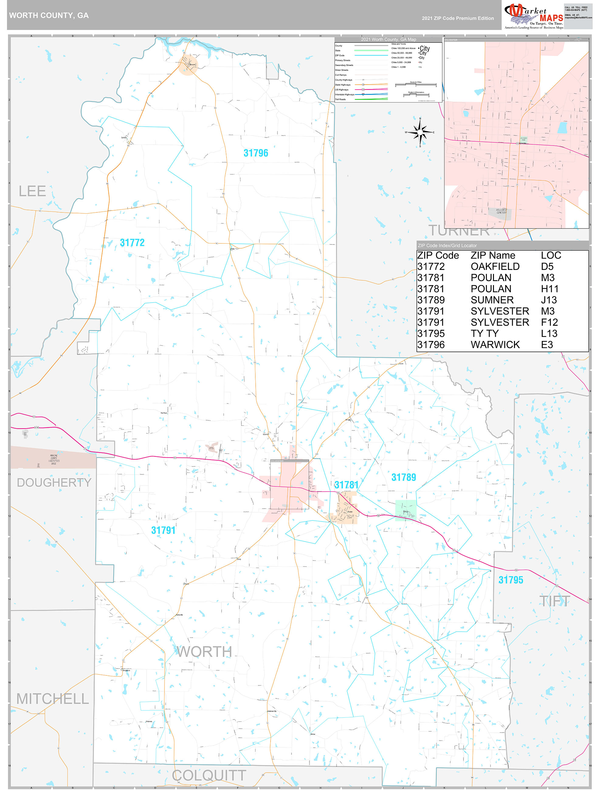 Worth County Ga Wall Map Premium Style By Marketmaps Mapsales 4743