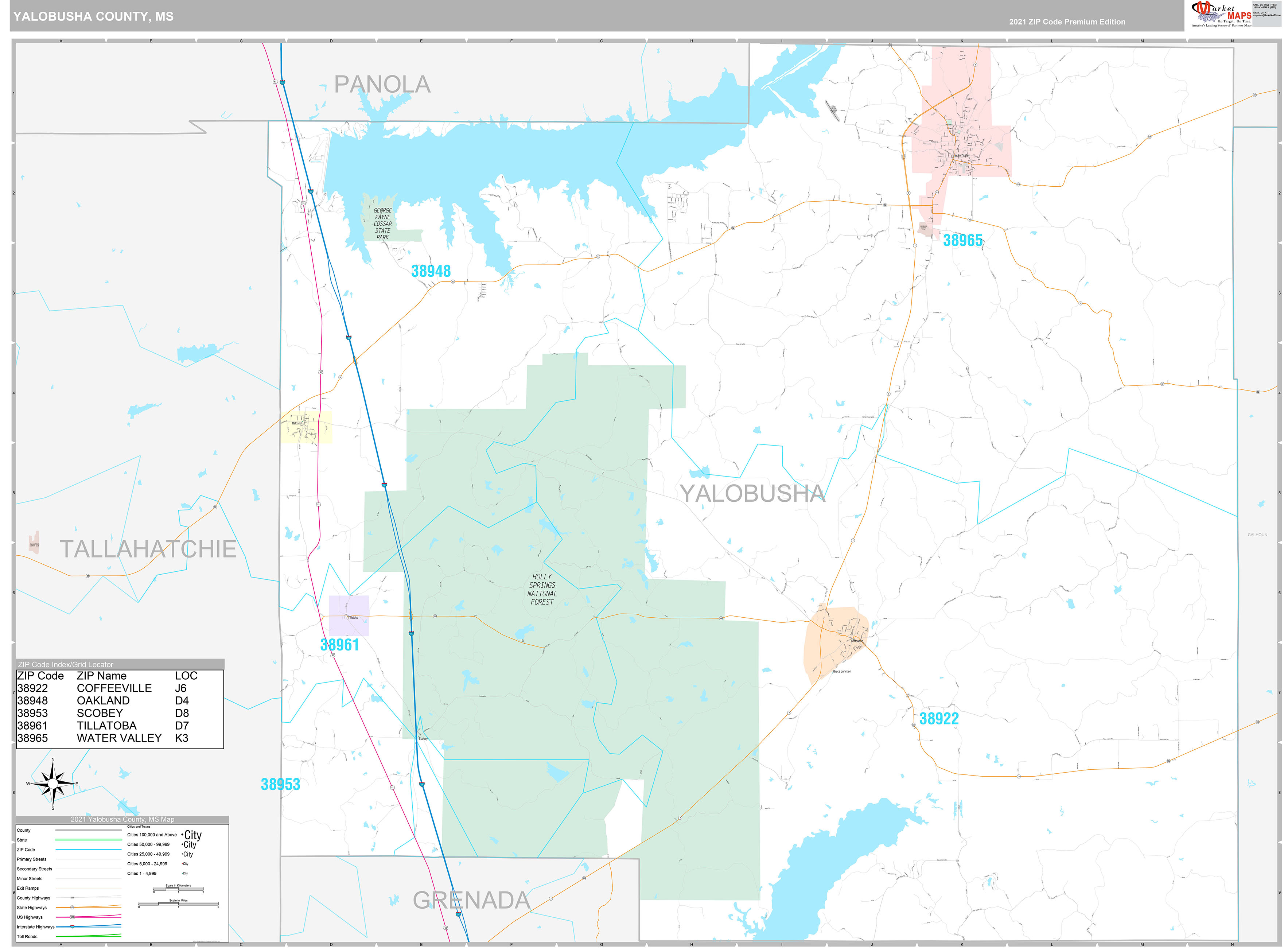 Yalobusha County, MS Wall Map Premium Style by MarketMAPS MapSales