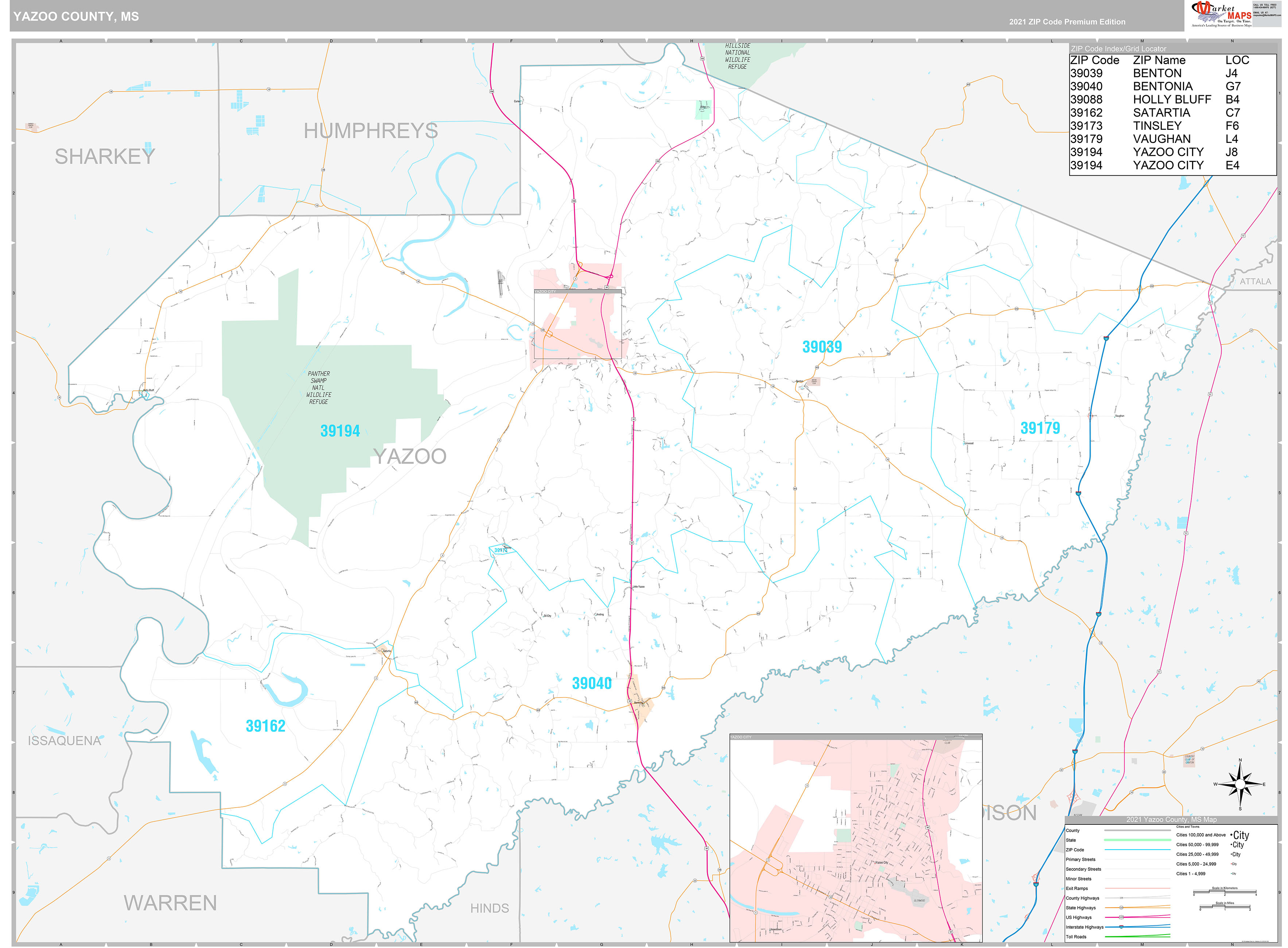 Yazoo County, MS Wall Map Premium Style by MarketMAPS - MapSales.com