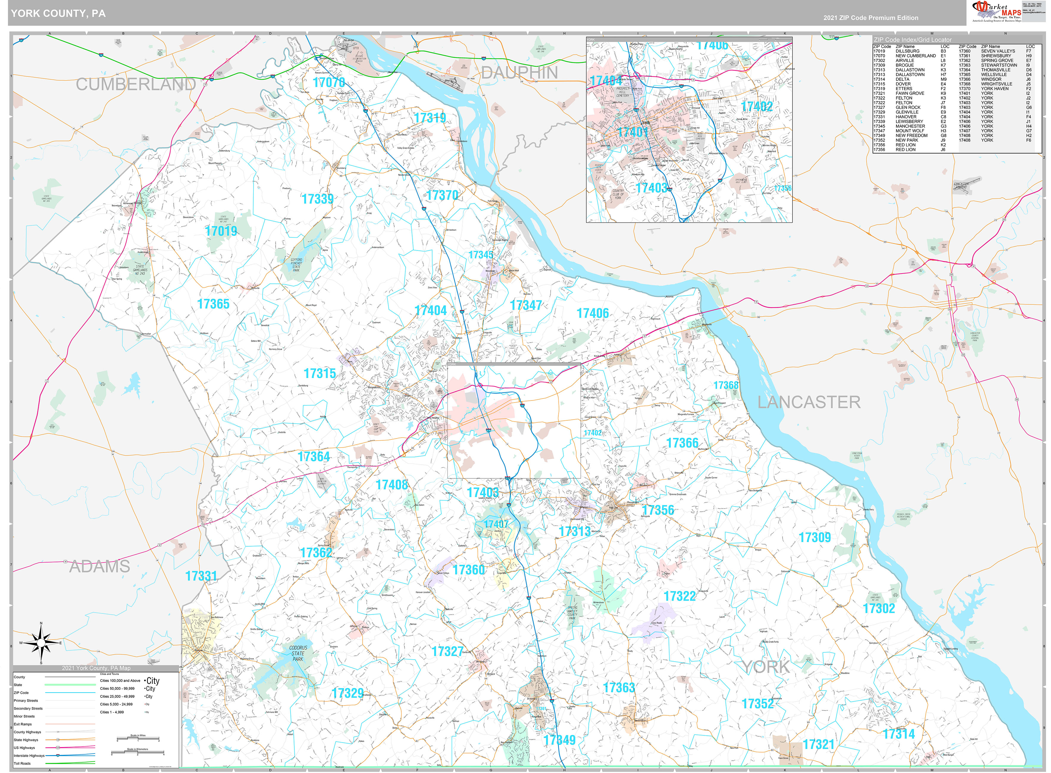 York County, PA Wall Map Premium Style by MarketMAPS