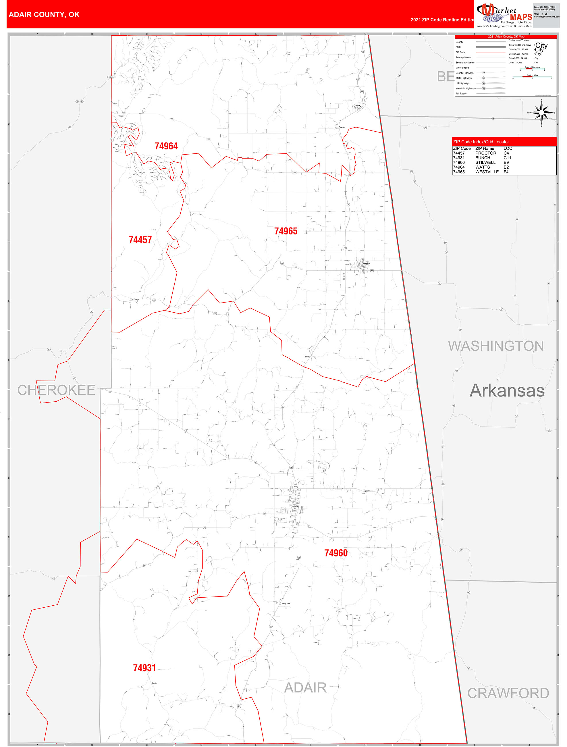 Adair County, OK Zip Code Wall Map Red Line Style by MarketMAPS - MapSales