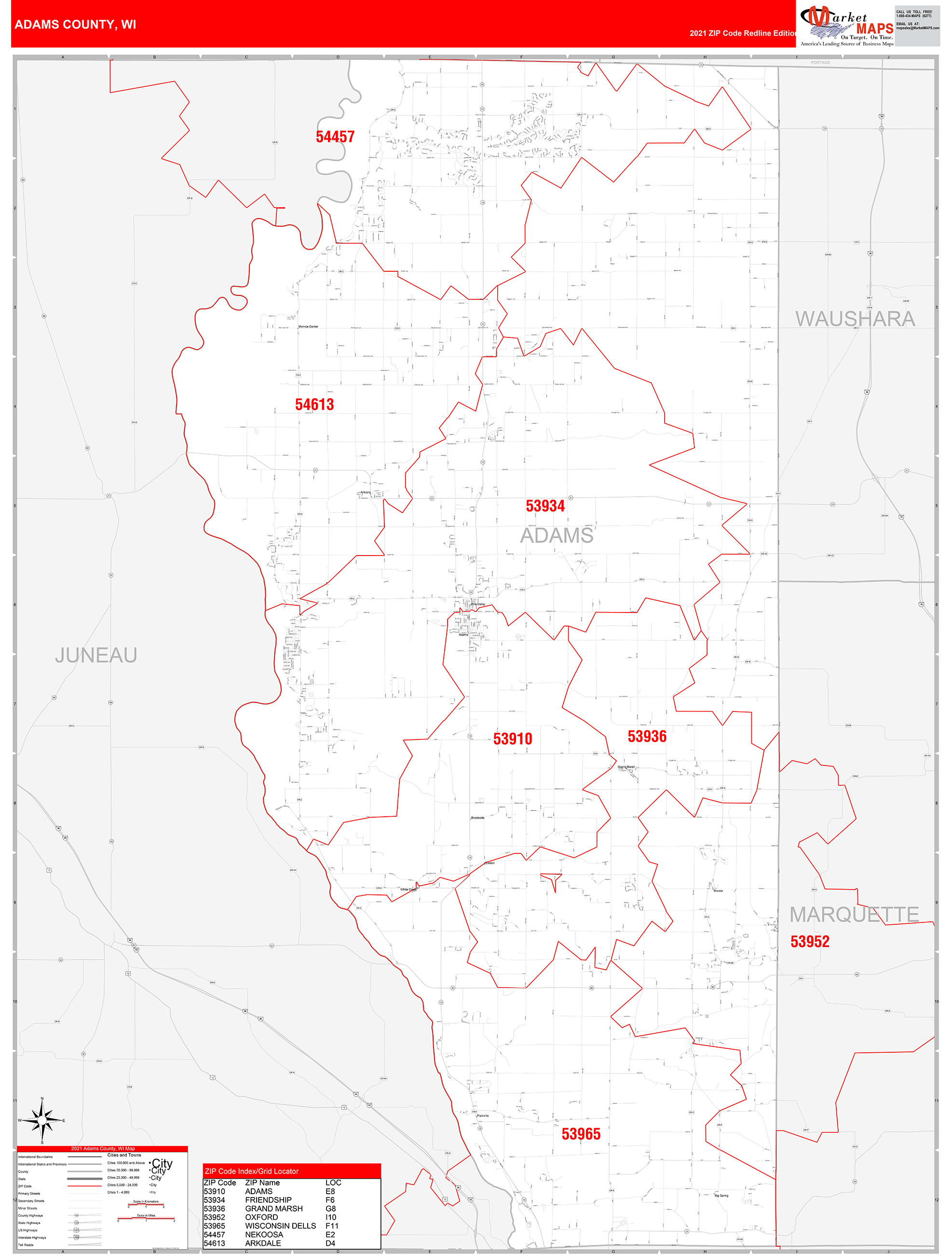 Adams County, WI Zip Code Wall Map Red Line Style by MarketMAPS - MapSales