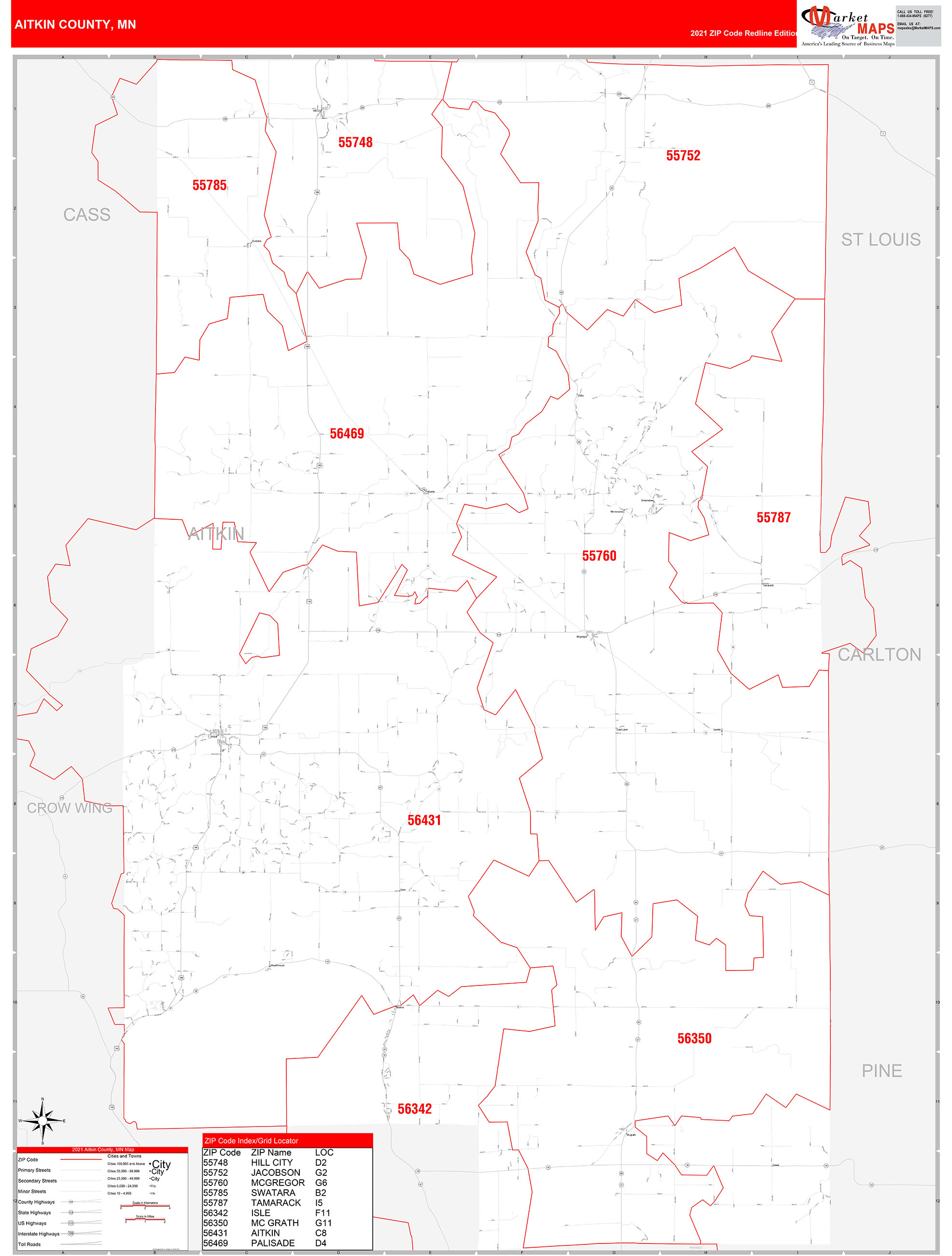 Aitkin County, MN Zip Code Wall Map Red Line Style by MarketMAPS