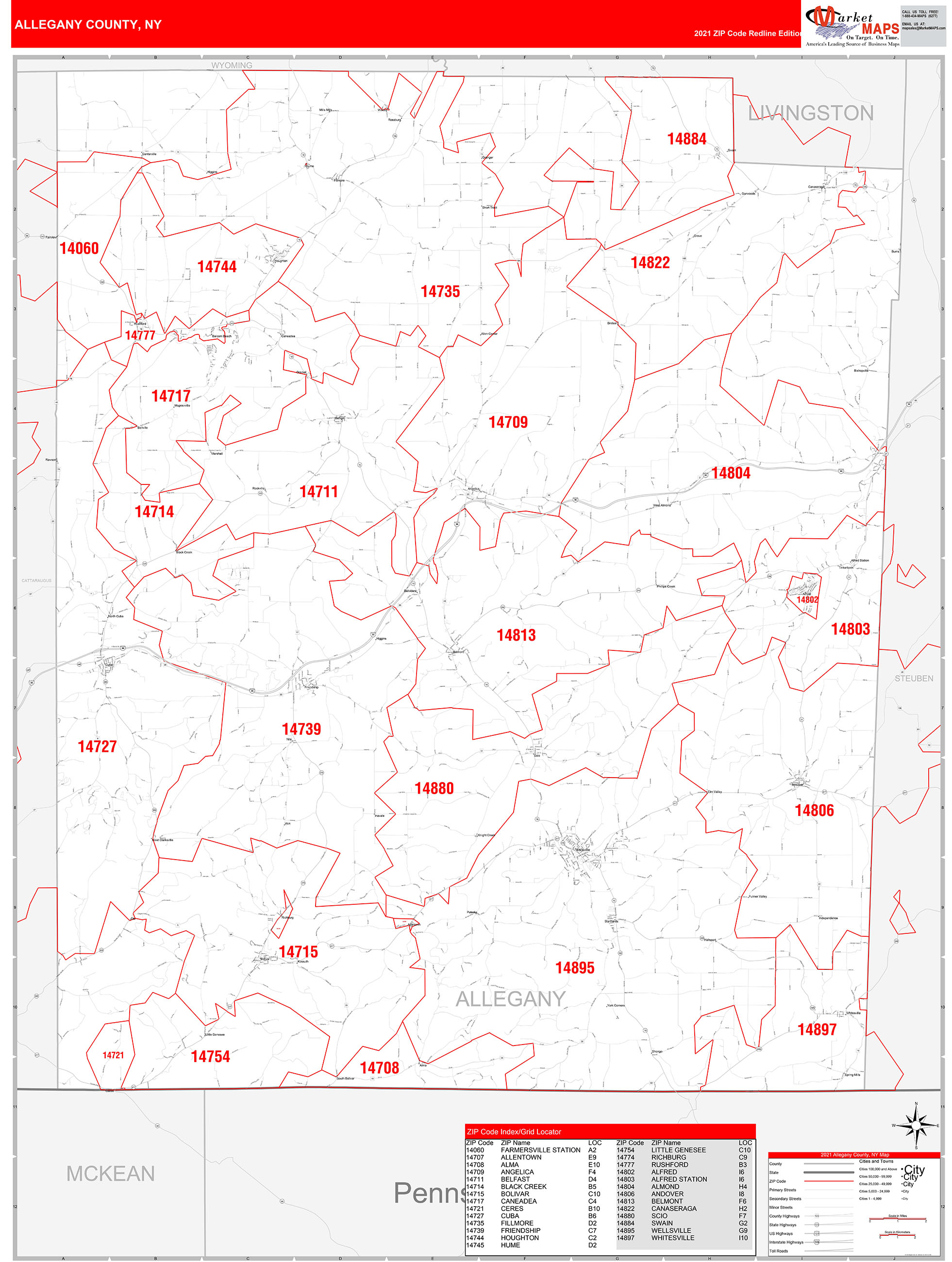 Allegany County, NY Zip Code Wall Map Red Line Style by MarketMAPS ...