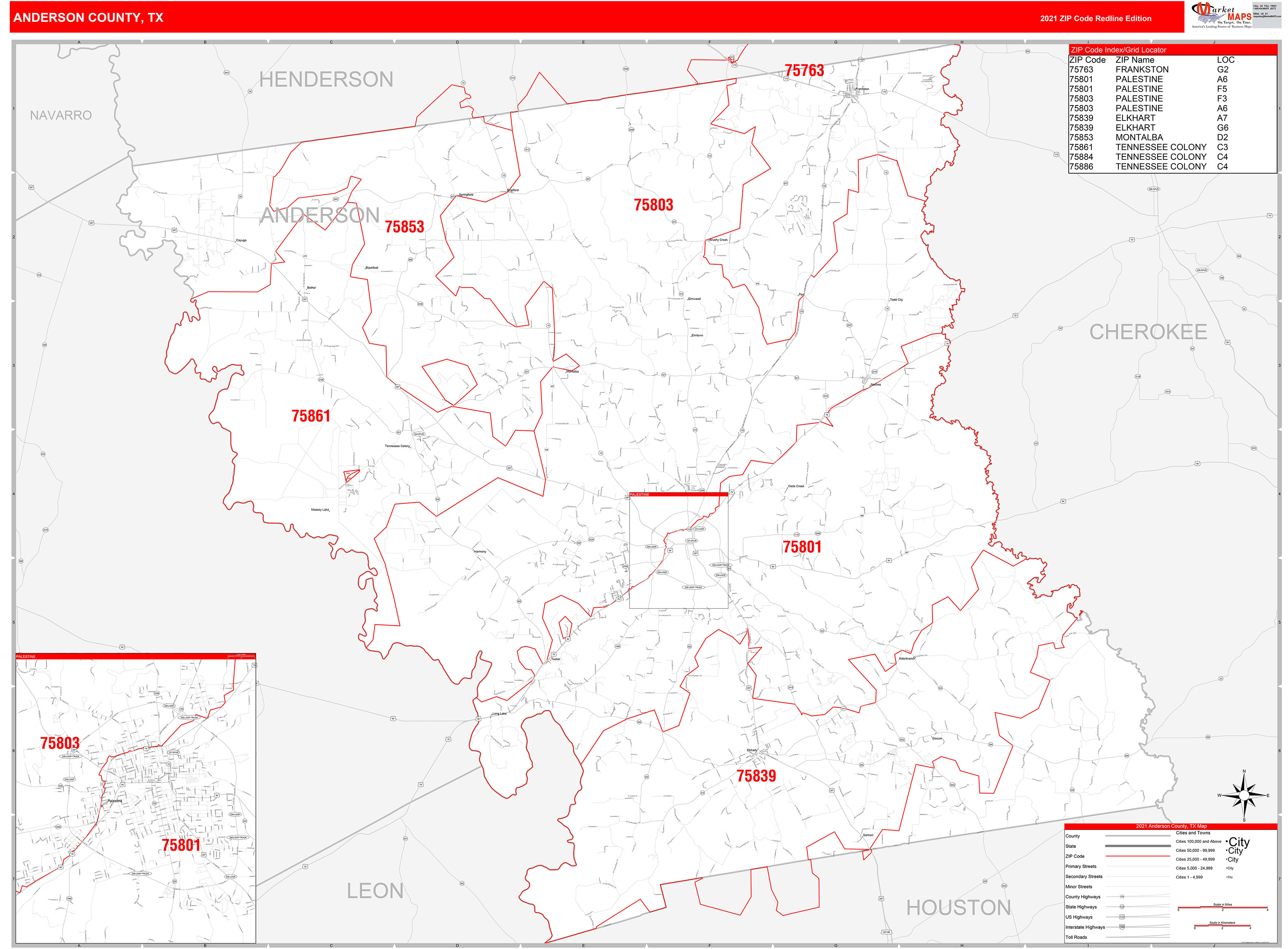 Anderson County Tx Zip Code Wall Map Red Line Style By Marketmaps Mapsales 0945