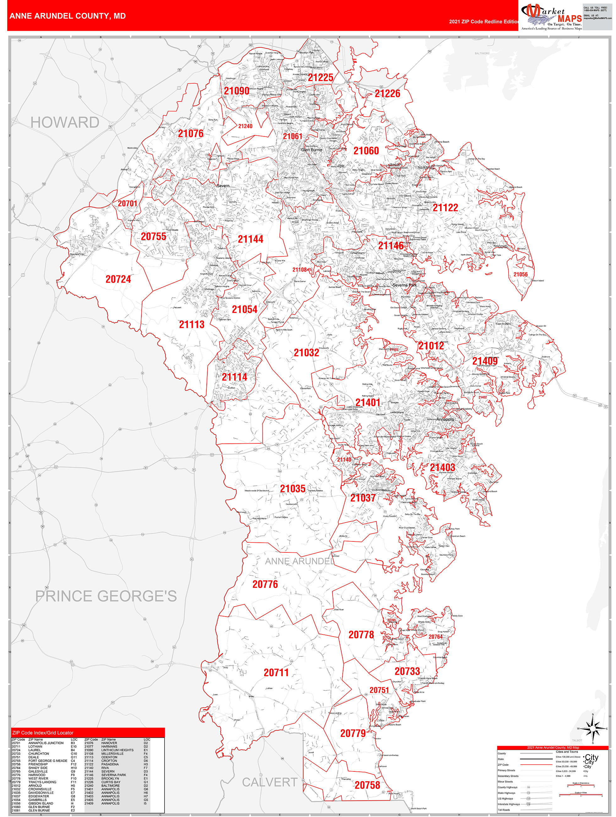 Anne Arundel County MD Zip Code Wall Map Red Line Style by MarketMAPS